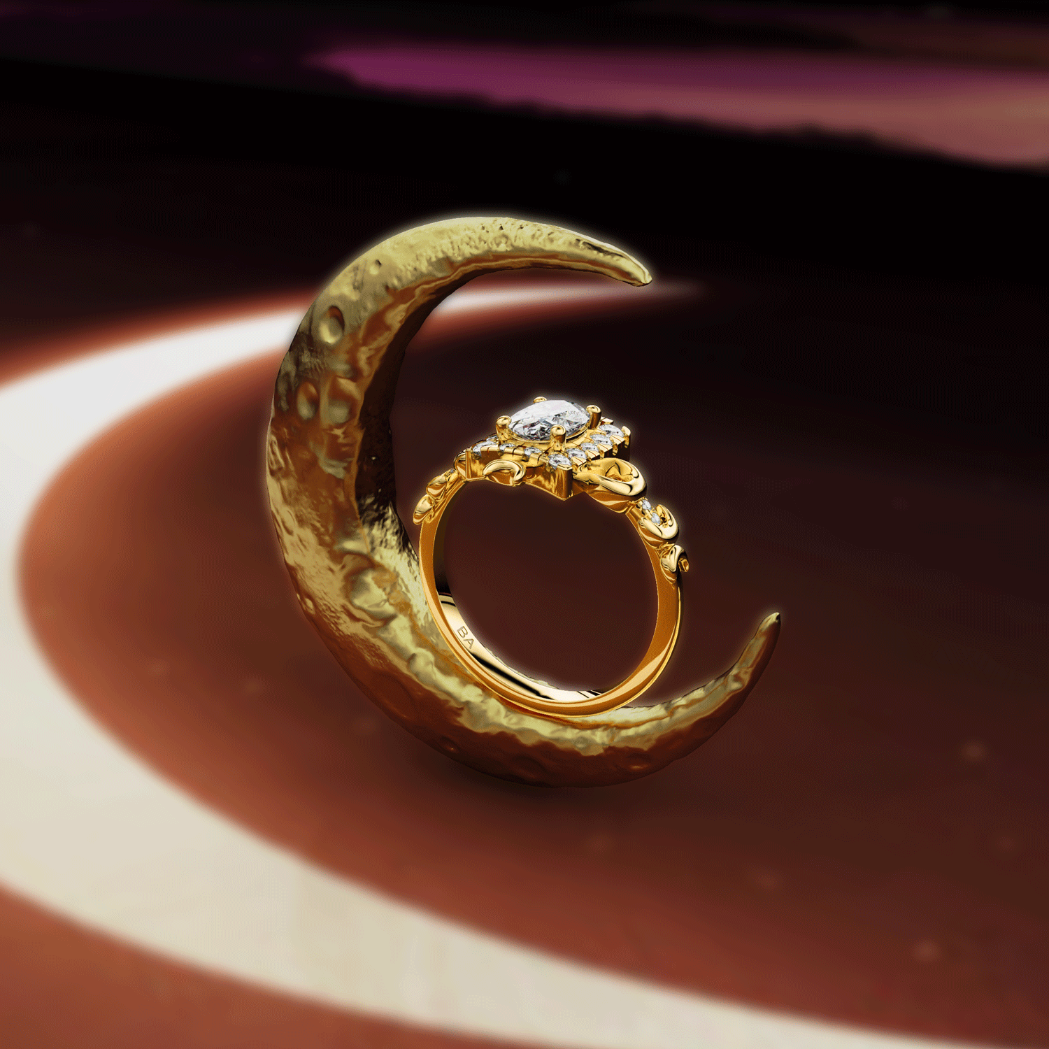 Tall Maeve Lunar Magic Moon Phase Ring, Halo With Pavé