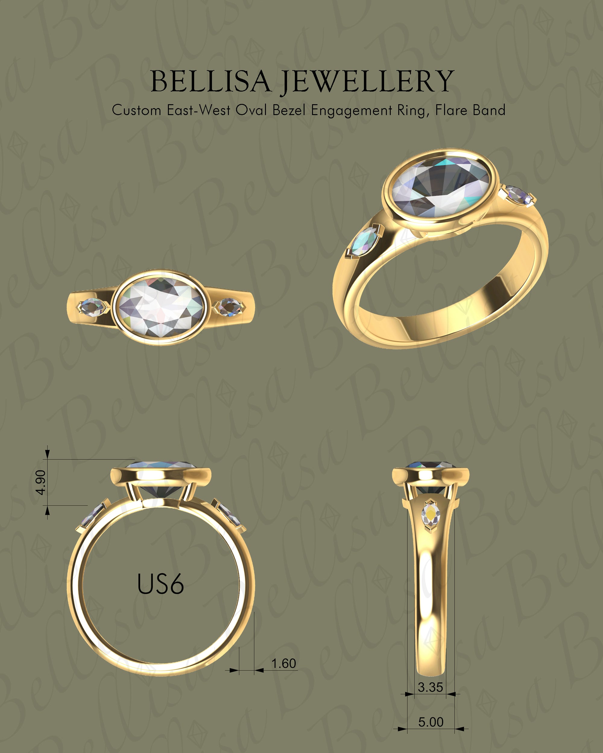 Bespoke #9165 - Custom East-West Oval Bezel Engagement Ring w/ 3.5mm Flare Band