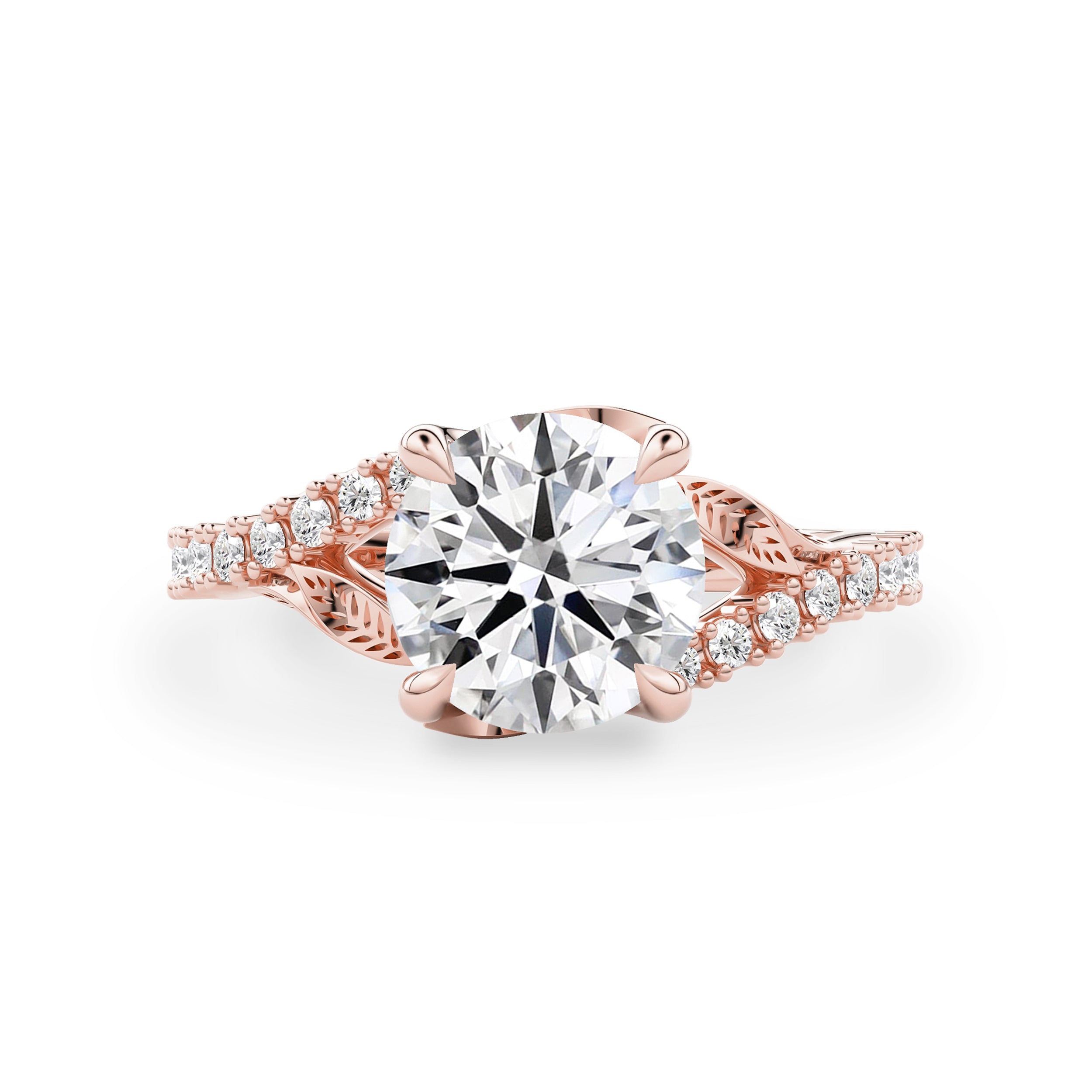 Evelina Round Cut Leaf Split Shank Engagement Ring, Moissanite/Lab Grown Diamond