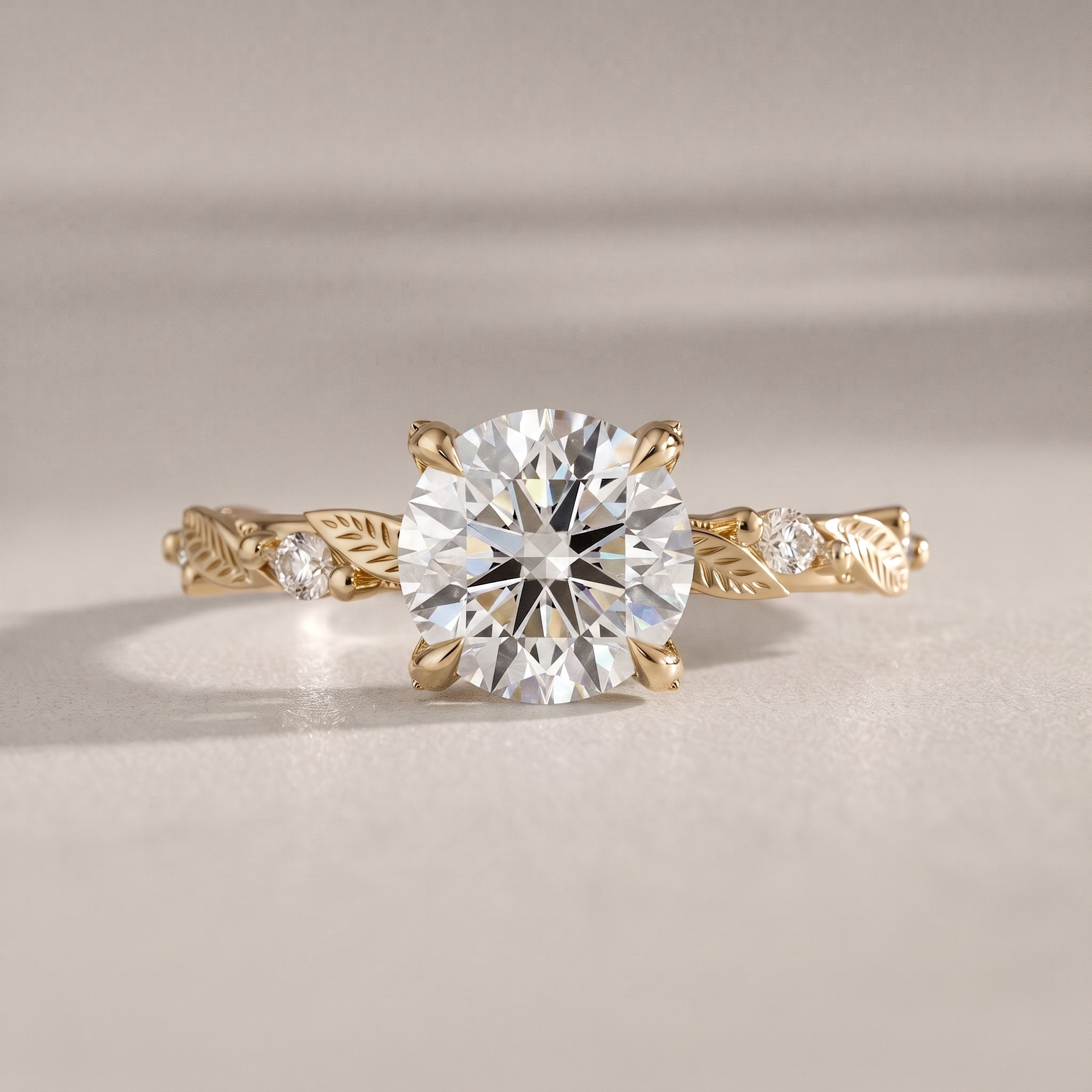 Brooke Round Leaf Prong Hidden Halo Engagement Ring, Marquise Leaf Band