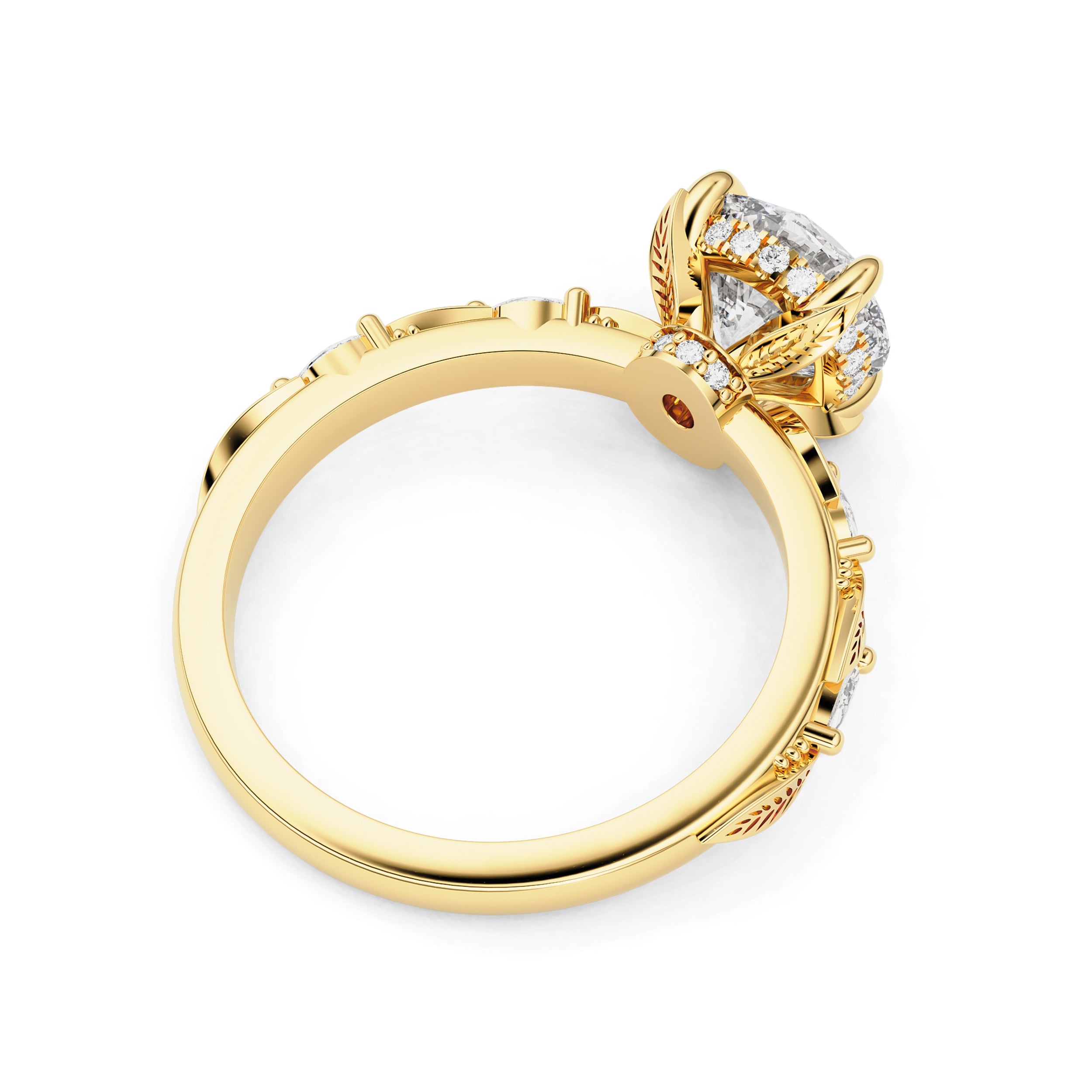 Brooke Round Leaf Prong Hidden Halo Engagement Ring, Marquise Leaf Band