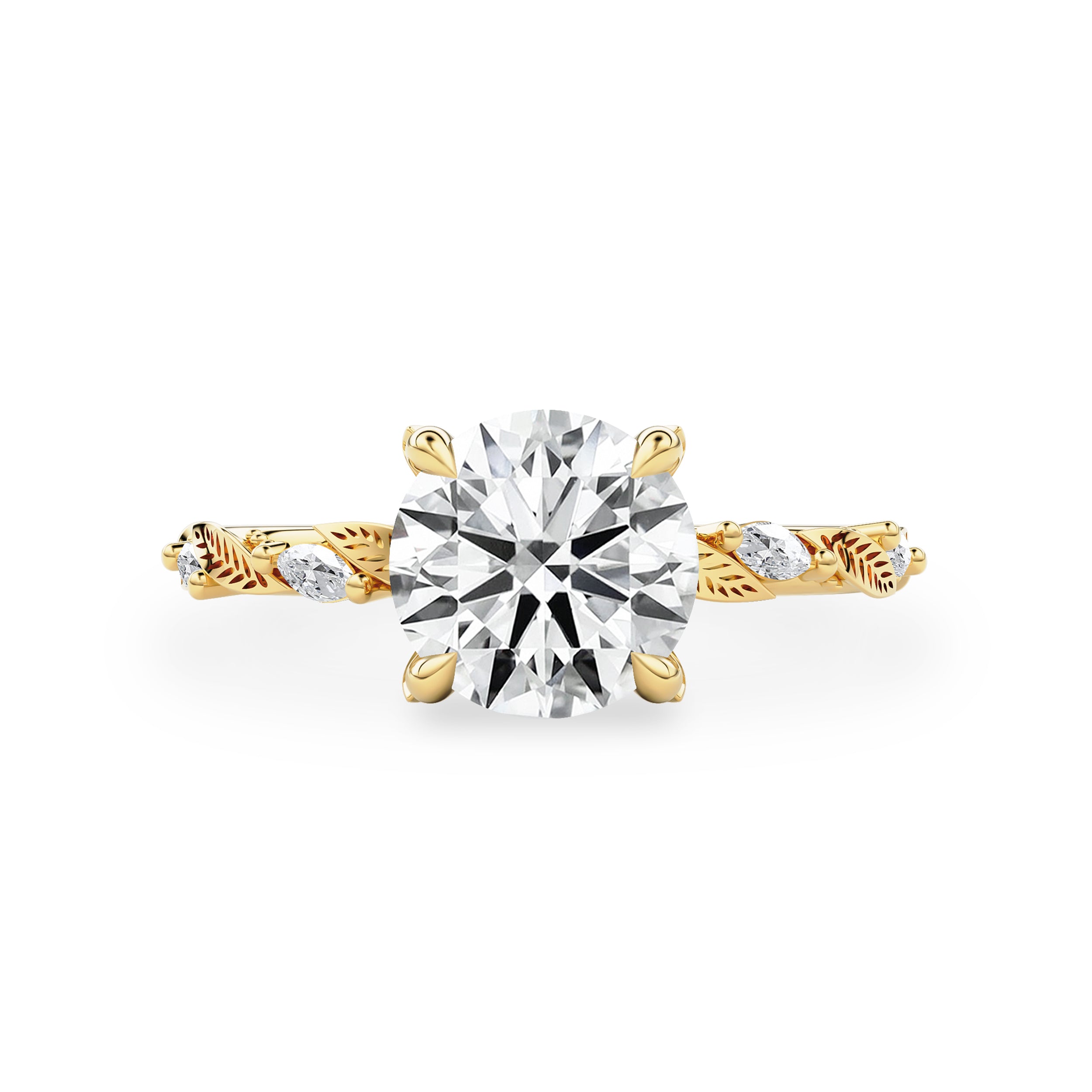 Brooke Round Leaf Prong Hidden Halo Engagement Ring, Marquise Leaf Band