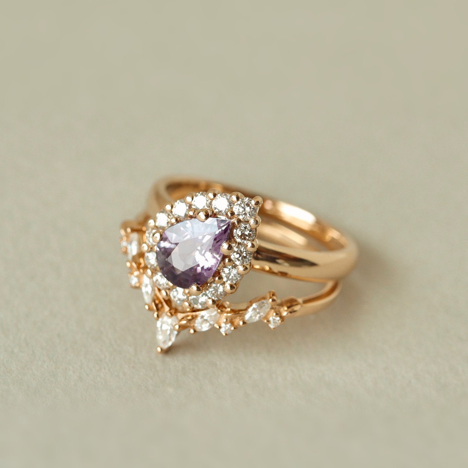 Curved Leaf Art Deco V Half Eternity Ring, Pear With Round