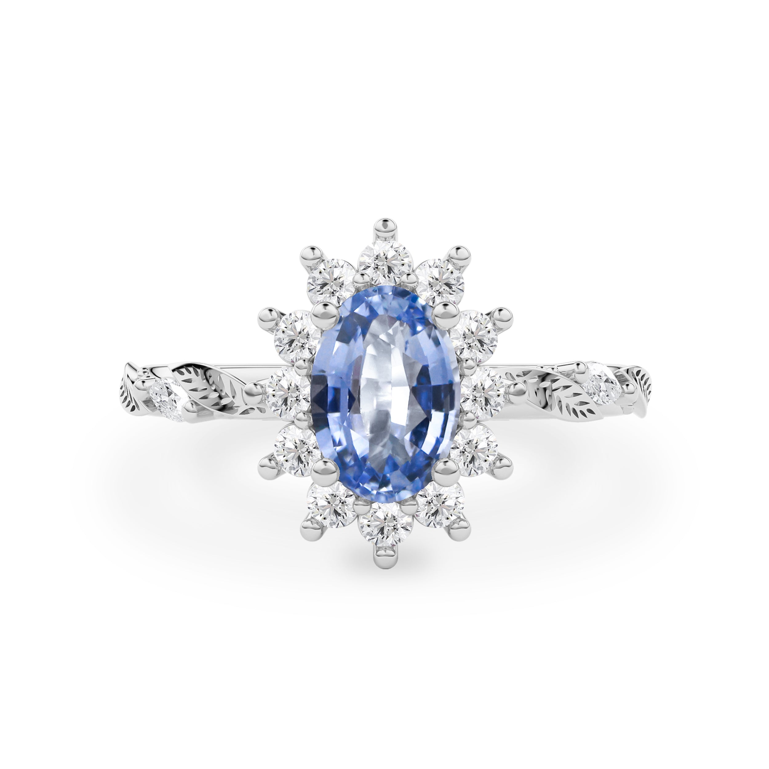 Brooke Oval Blue Sapphire Halo Engagement Ring, Marquise Leaf Band