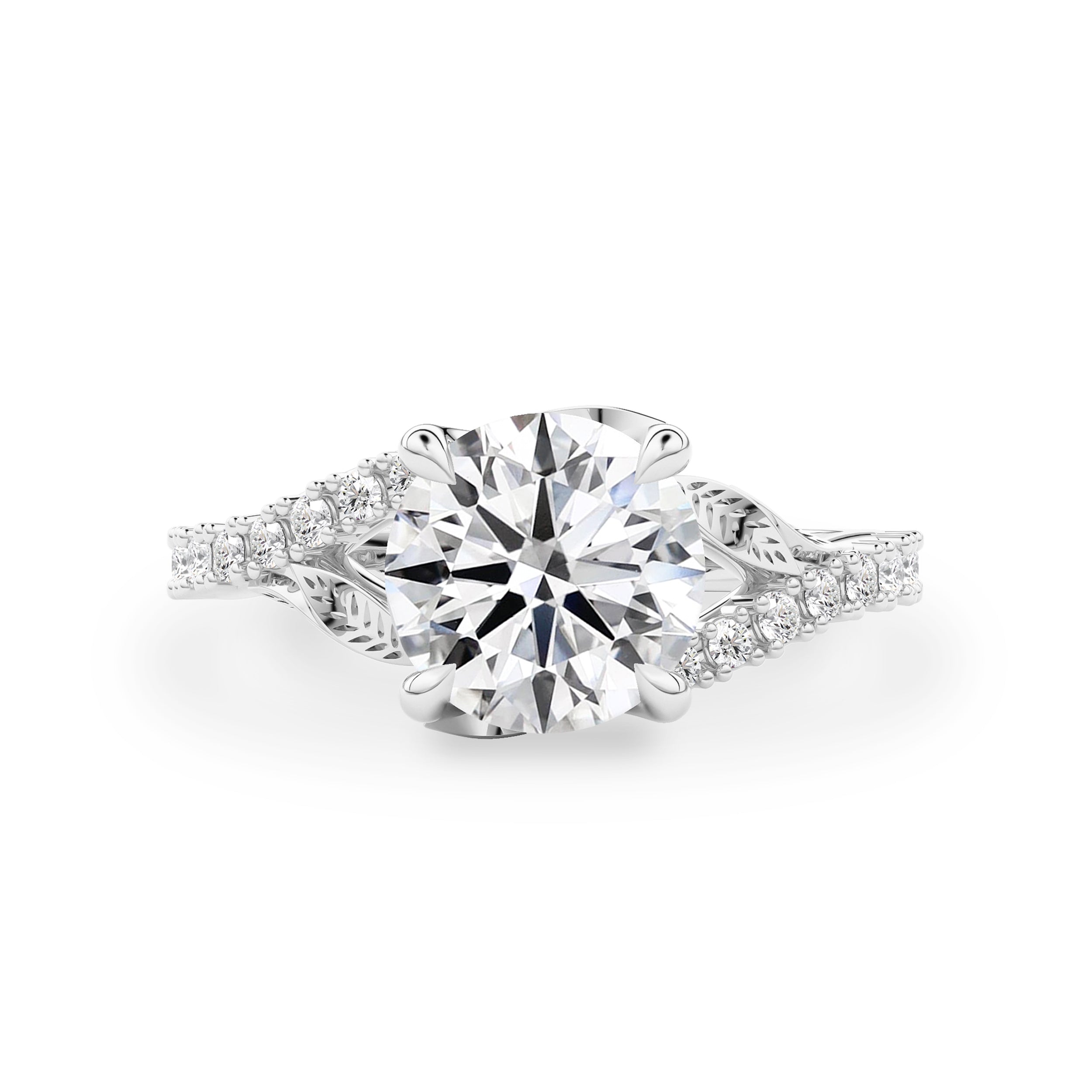 Evelina Round Cut Leaf Split Shank Engagement Ring, Moissanite/Lab Grown Diamond