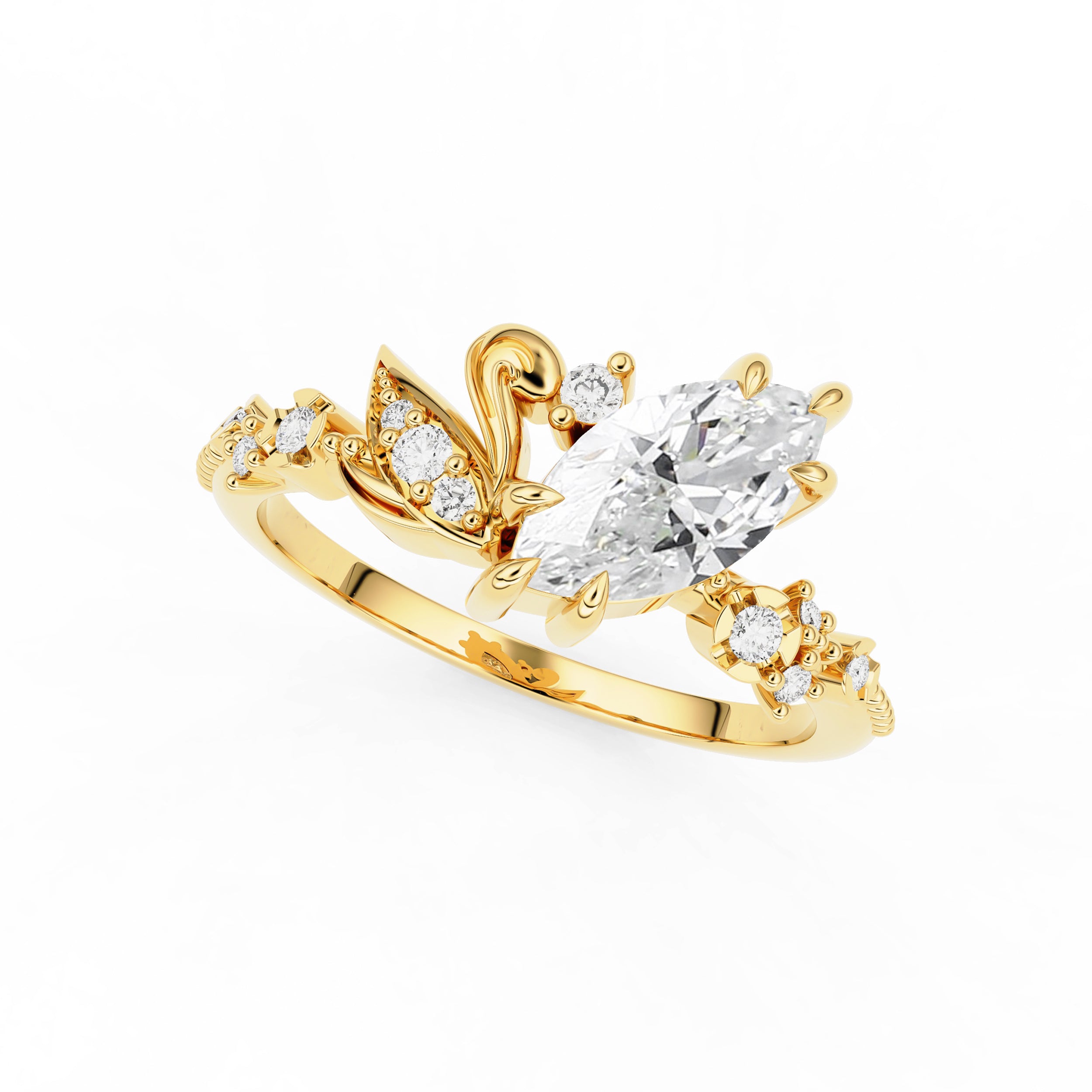 Marquise Love Swan Nature Inspired Engagement Ring, Marquise Cut With Single Swan