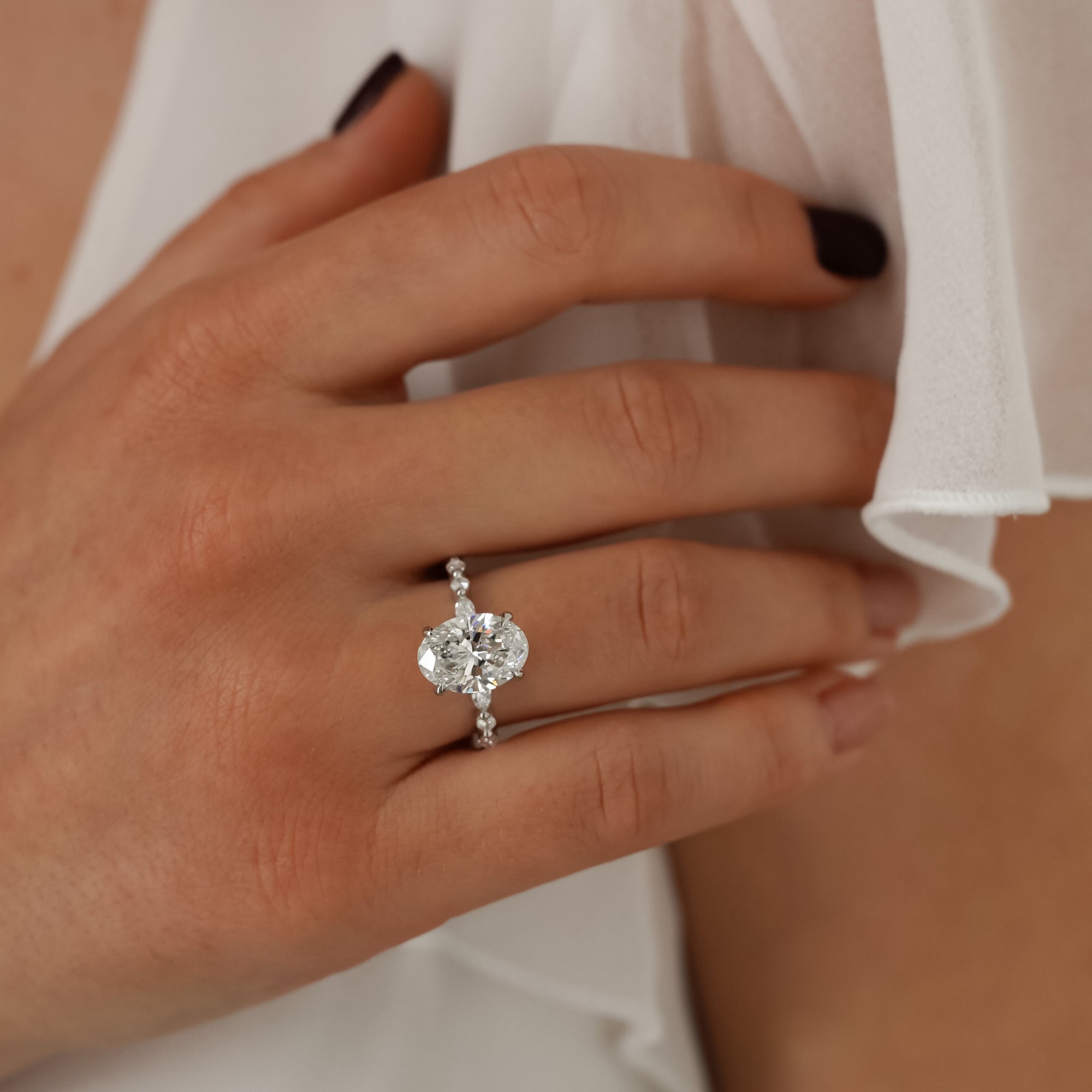 Terra Oval Cut Marquise Round Band Engagement Ring, Moissanite/Lab Grown Diamond