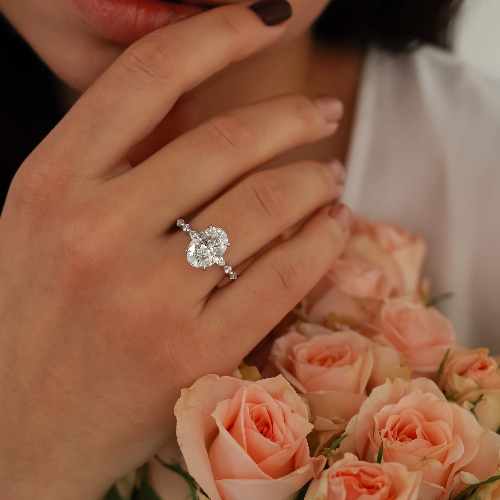 Terra Oval Cut Marquise Round Band Engagement Ring, Moissanite/Lab Grown Diamond