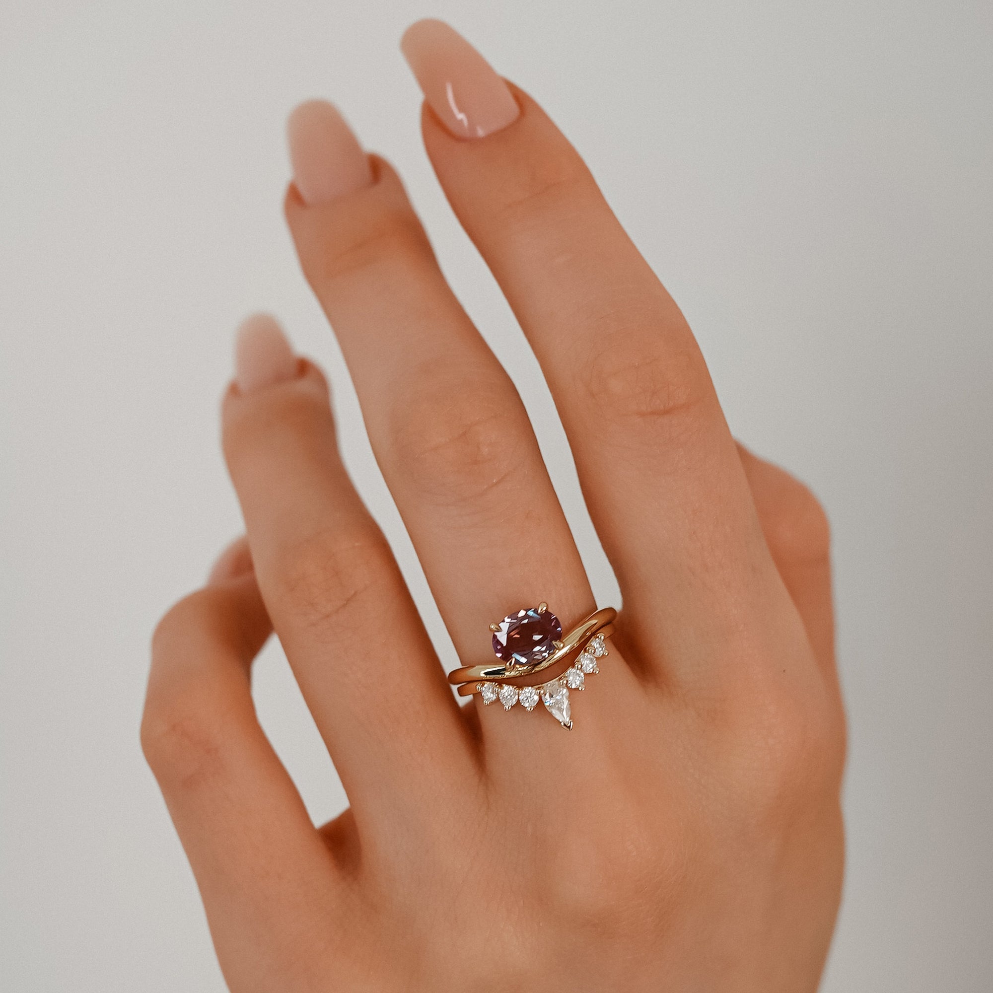 Orla Oval Lab Alexandrite Curved Band Solitaire Engagement Ring