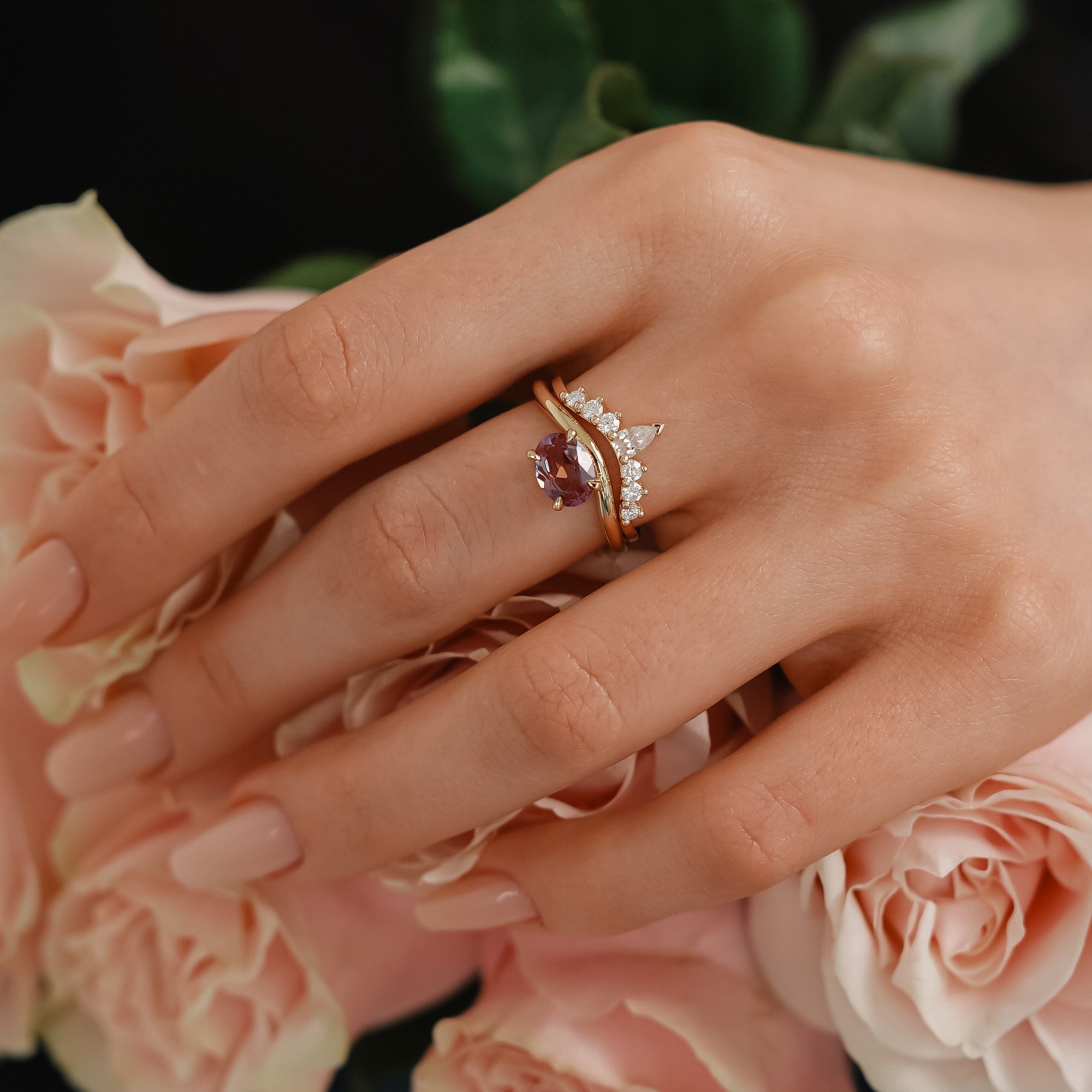 Orla Oval Lab Alexandrite Curved Band Solitaire Engagement Ring