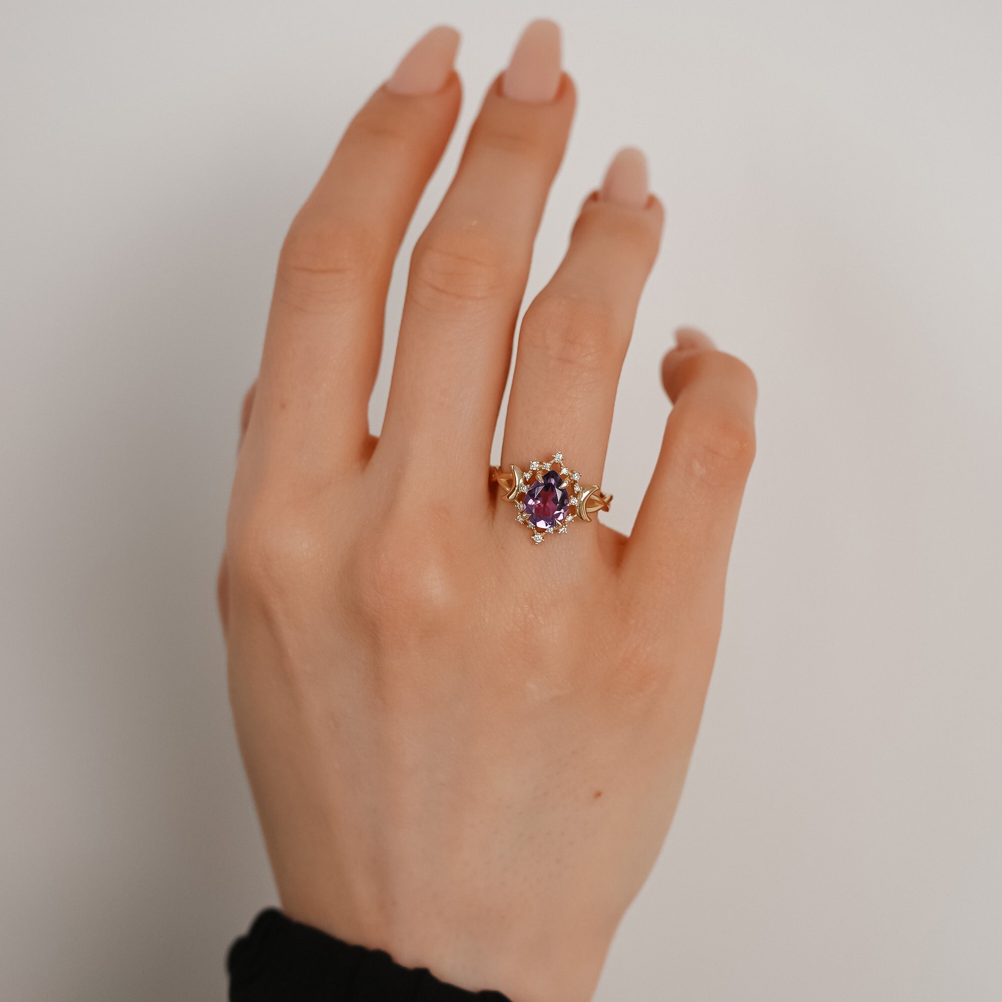 Alice Star & Moon Magic Engagement Ring, Pear Cut Amethyst
