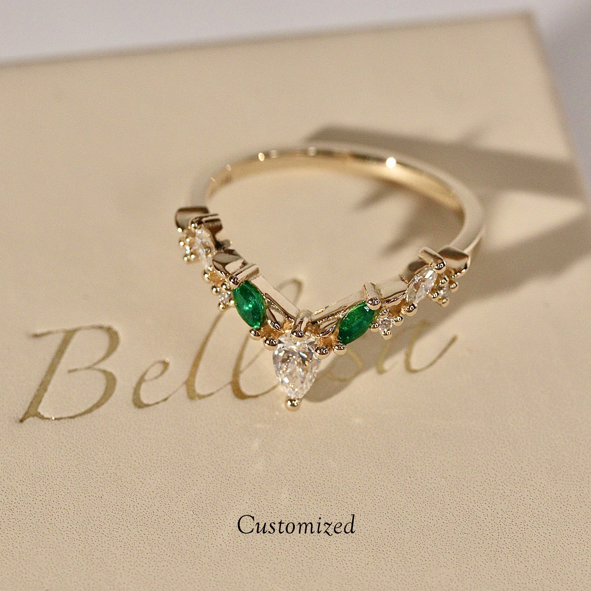 Curved Leaf Art Deco V Half Eternity Ring, Pear With Round