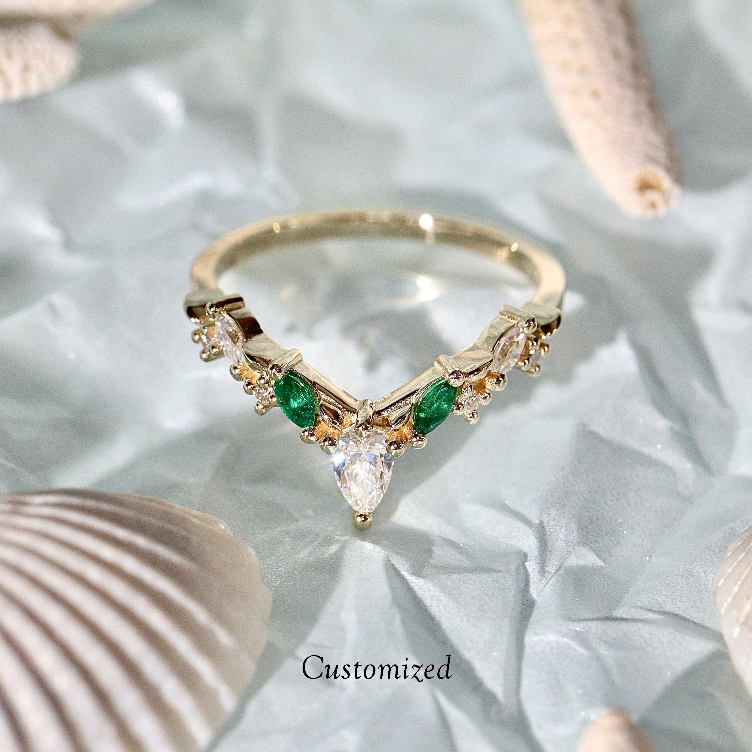 Curved Leaf Art Deco V Half Eternity Ring, Pear With Round