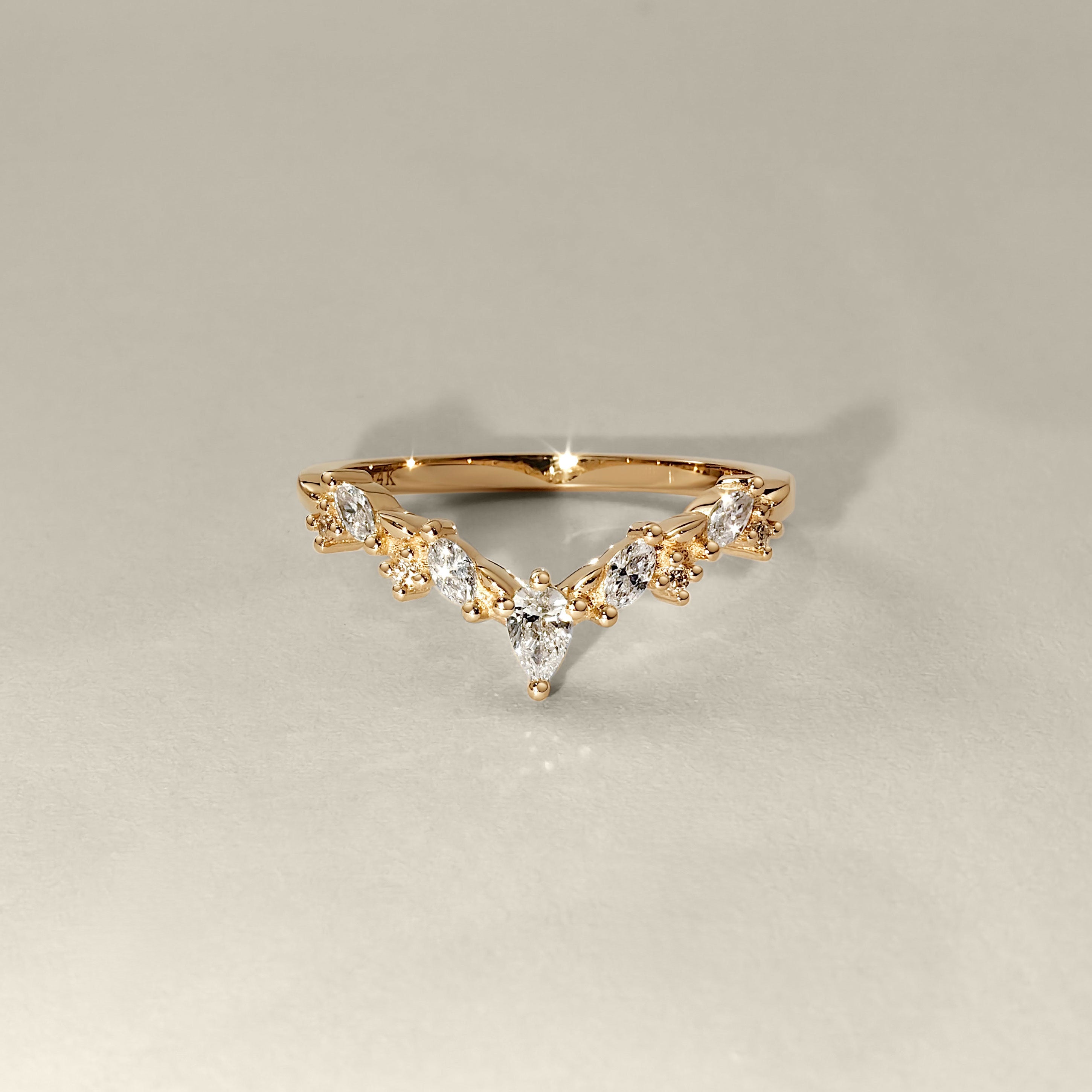 Curved Leaf Art Deco V Half Eternity Ring, Pear With Round