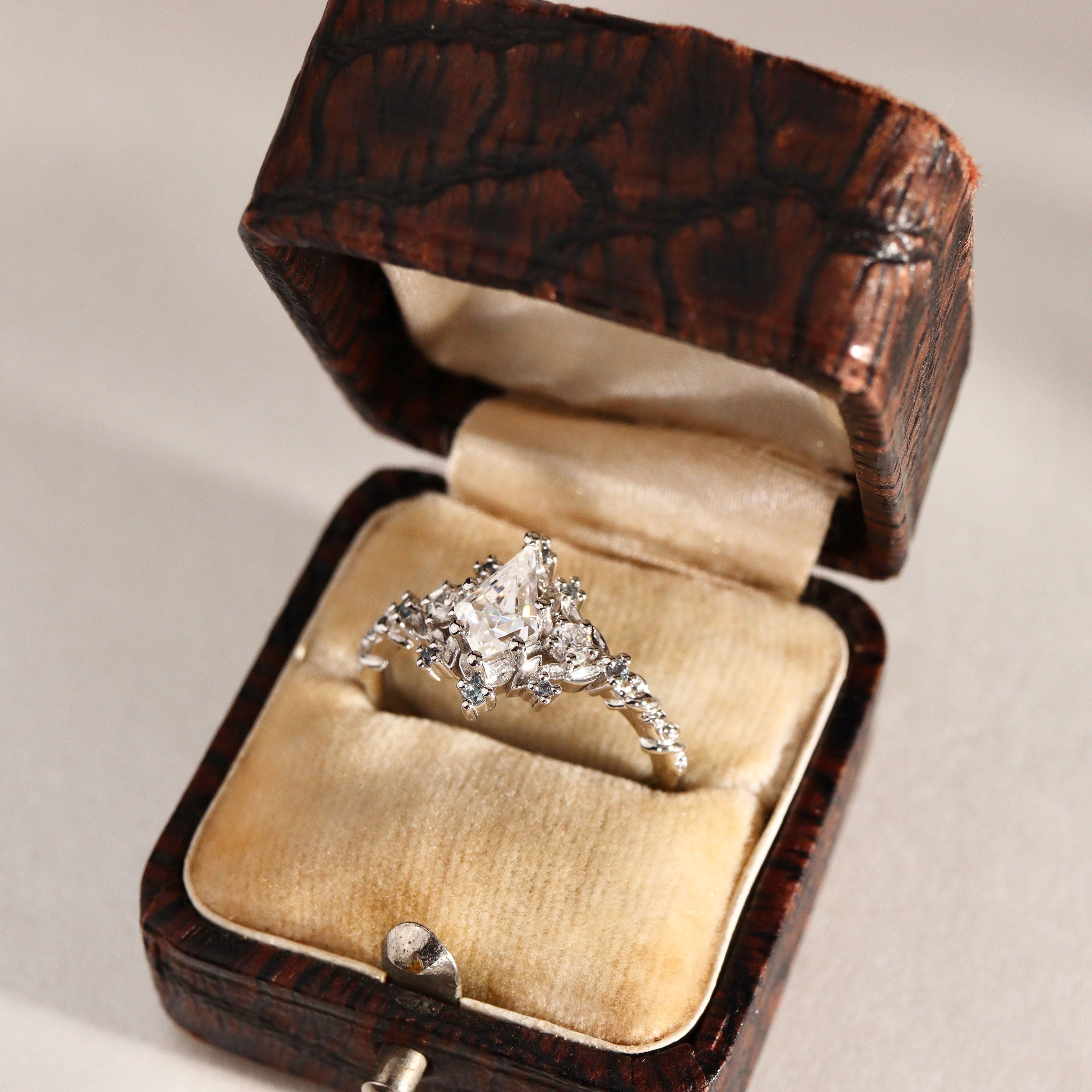 Bespoke #9172 - Custom 1ct Kite Shape Leaf & Vine Inspired Engagement Ring