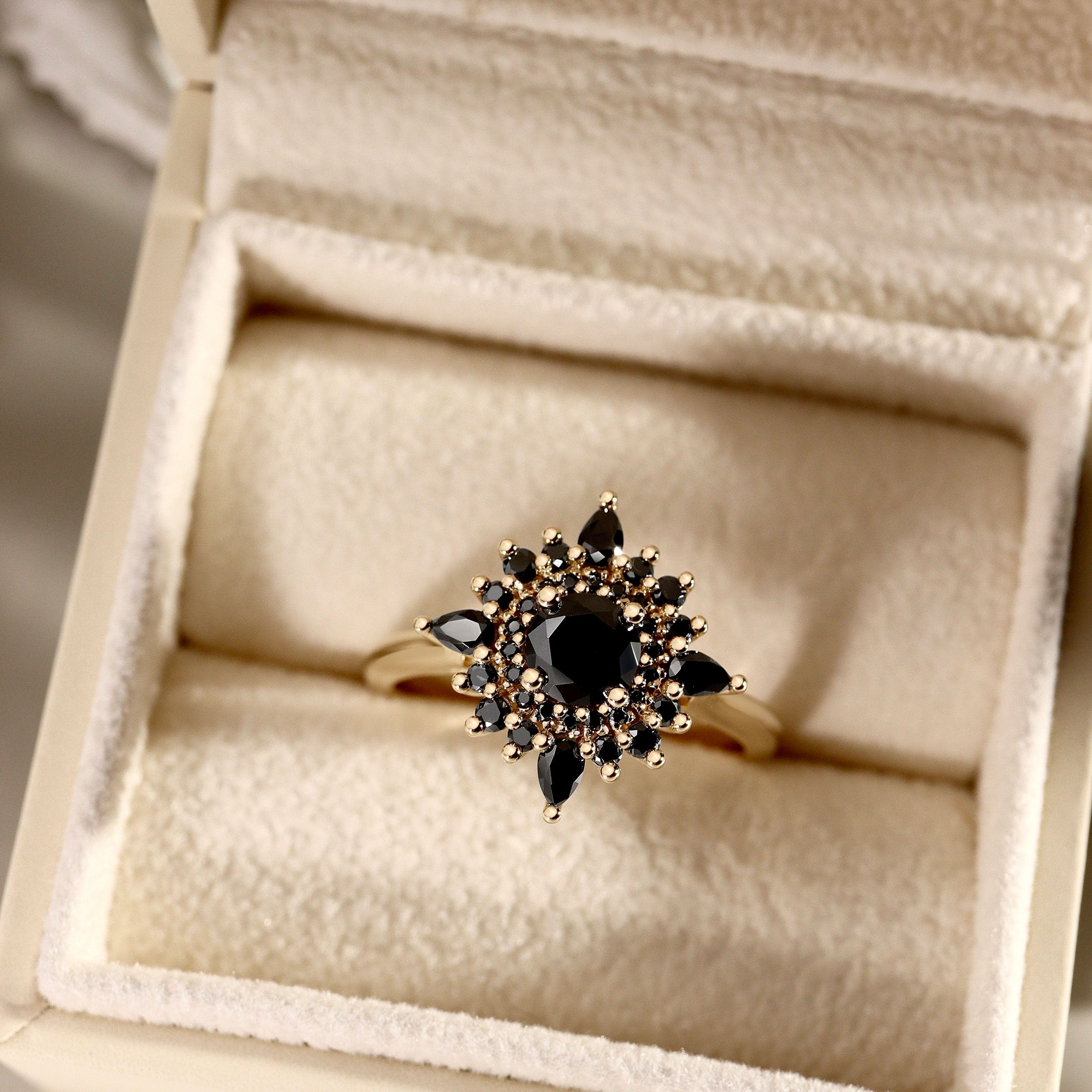 Bespoke - Customize Black Moissanite Round Elizabeth Double Halo Engagement Ring