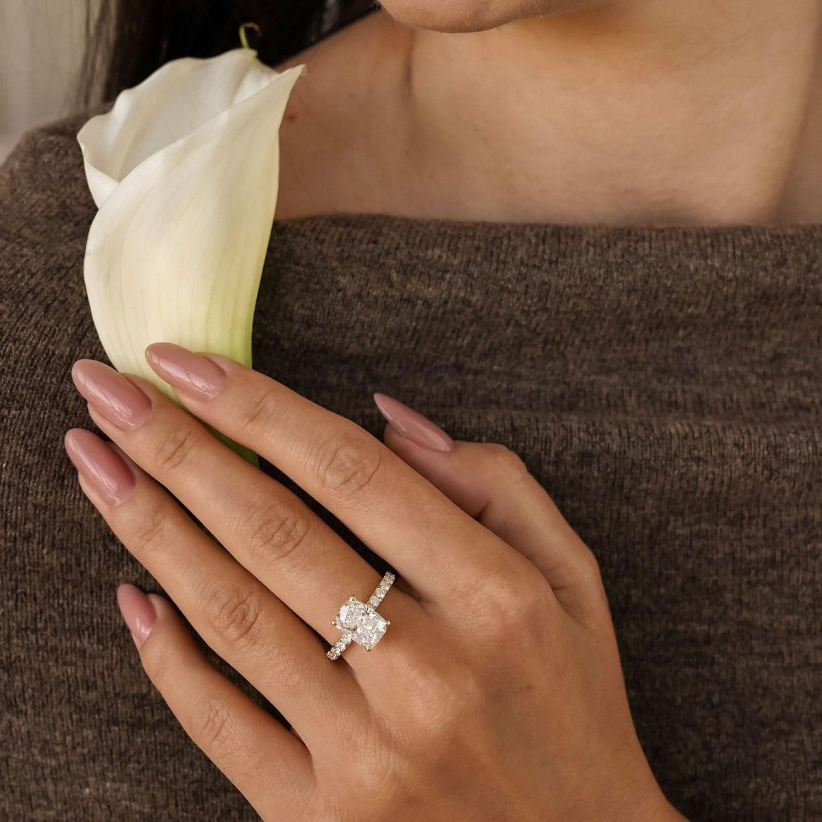 Riley Elongated Cushion Hidden Halo Engagement Ring, Cathedral w/ Pavé Band