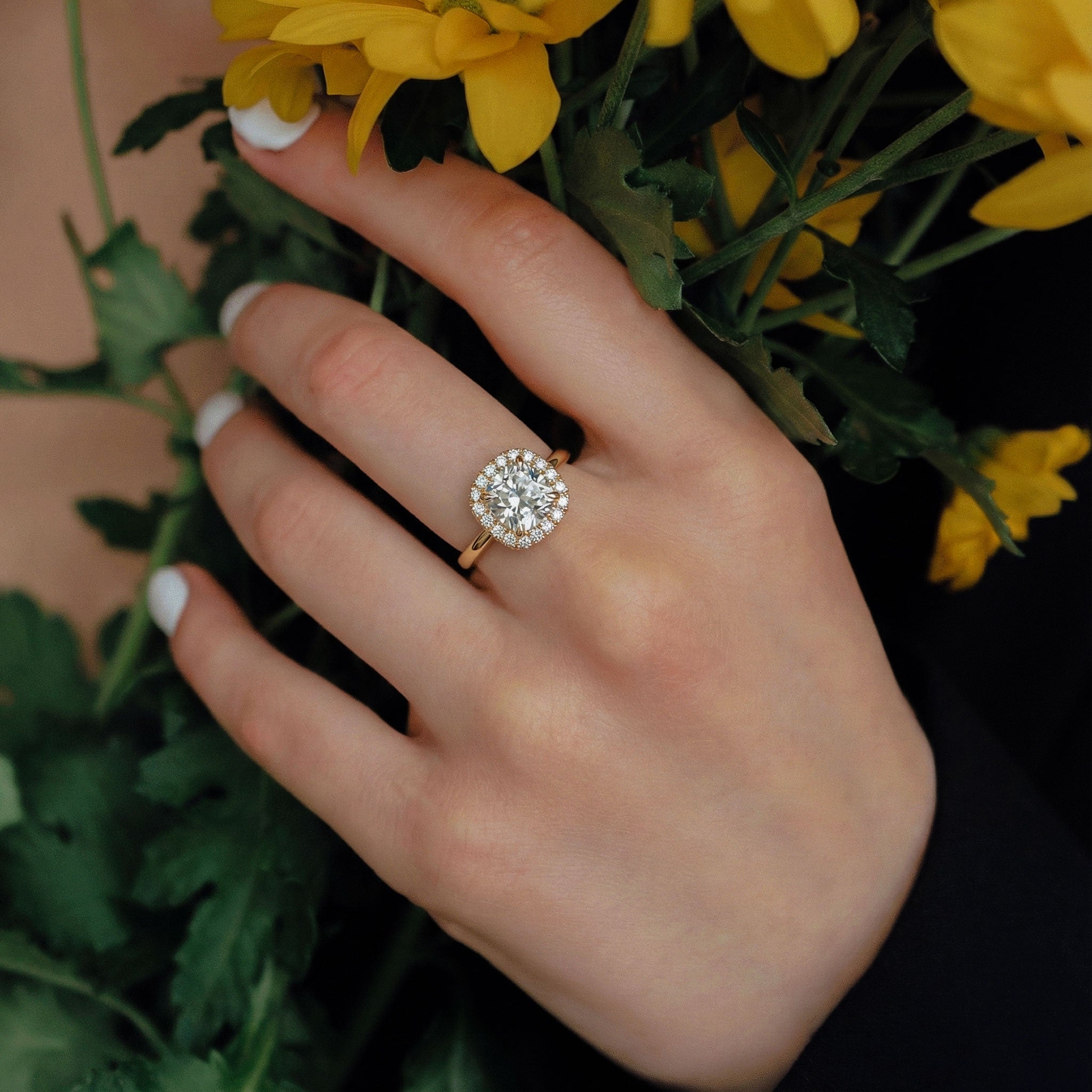 Clara Cushion Cut Forever Halo Cathedral Engagement Ring, Moissanite/Lab Grown Diamond