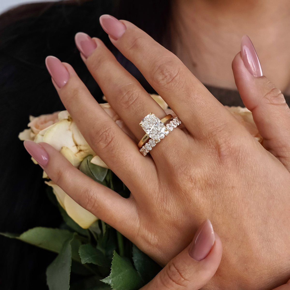 Serelle Elongated Cushion Cut Raised Hidden Halo Engagement Ring