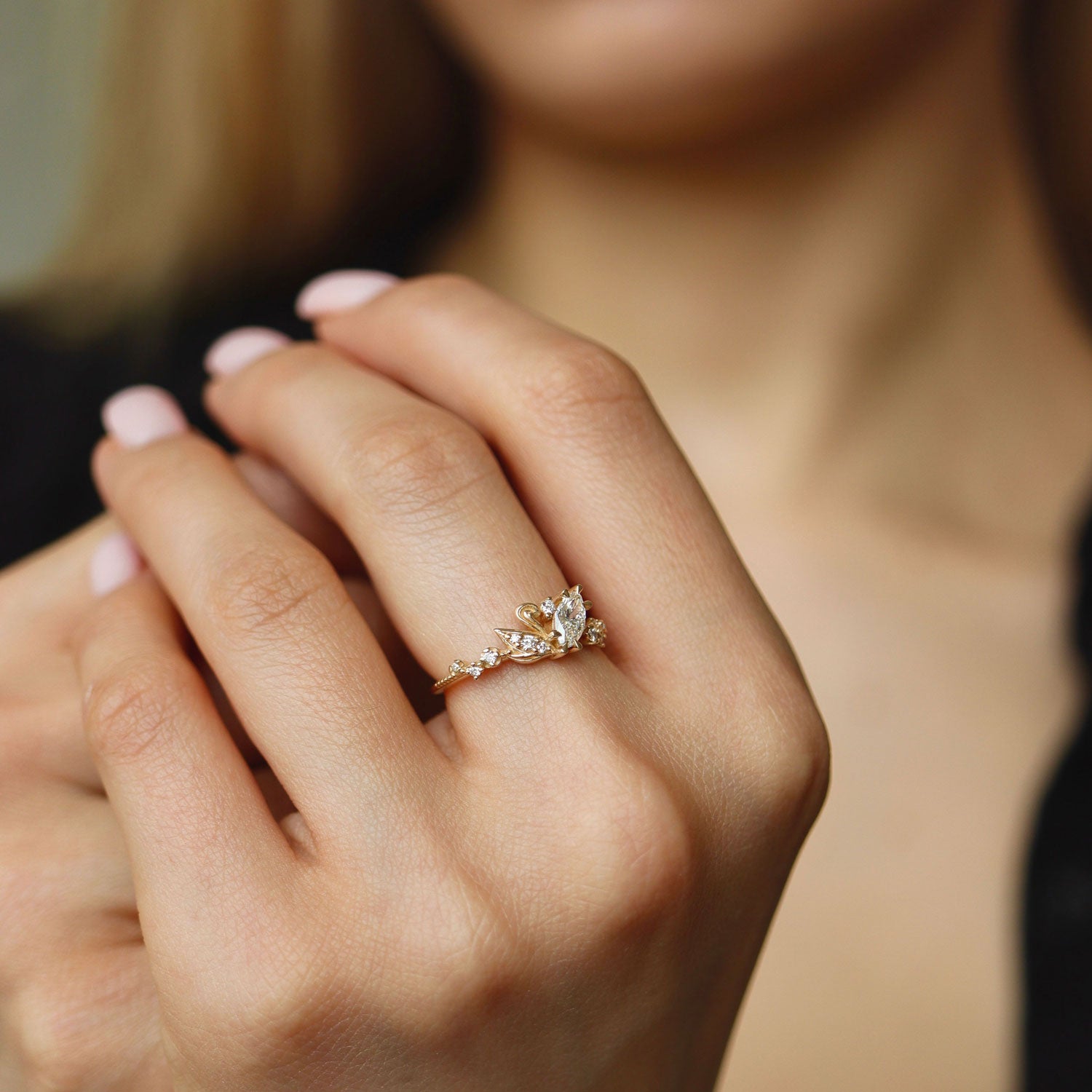 Marquise Love Swan Nature Inspired Engagement Ring, Marquise Cut With Single Swan