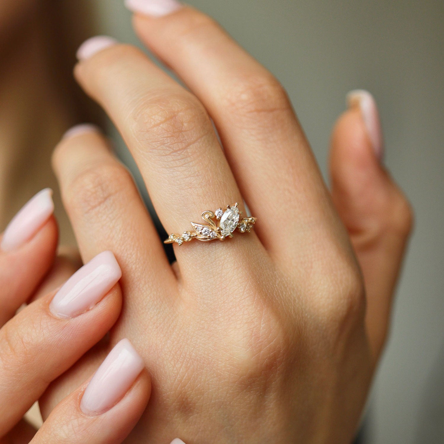 Marquise Love Swan Nature Inspired Engagement Ring, Marquise Cut With Single Swan