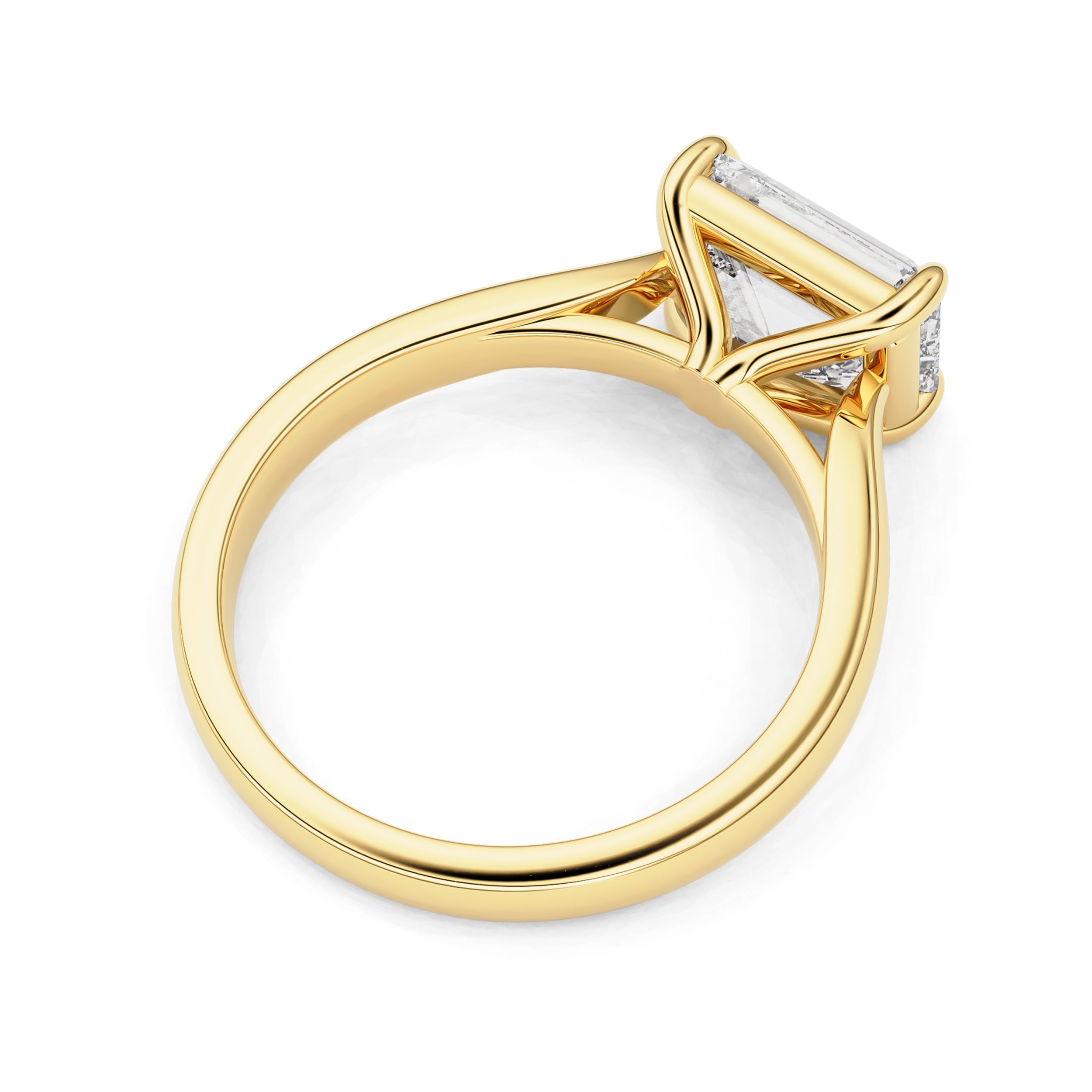 raised cathedral solitaire engagement ring in a east west emerald cut diamond