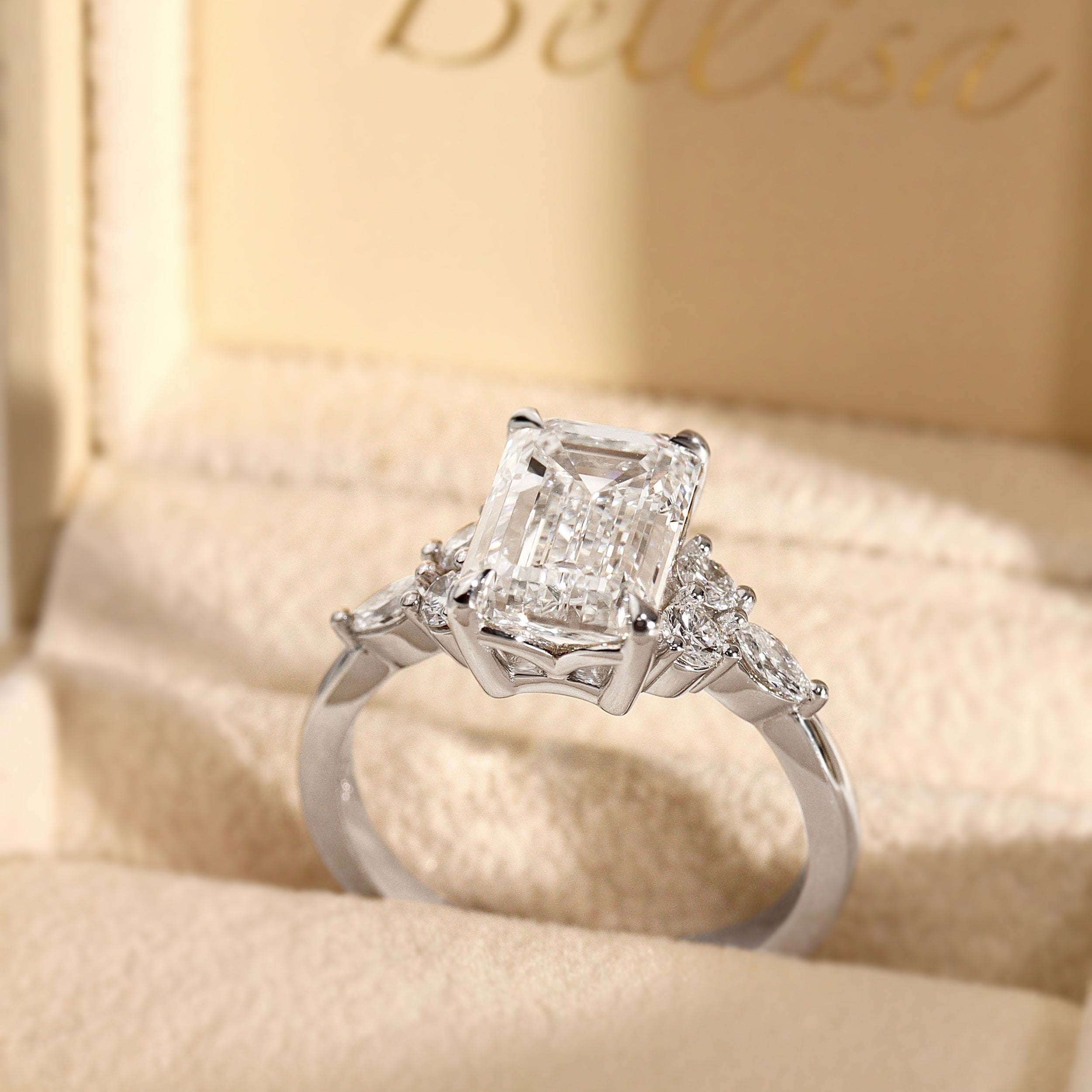 Elodie Emerald Cut Trellis Gallery Cluster Engagement Ring