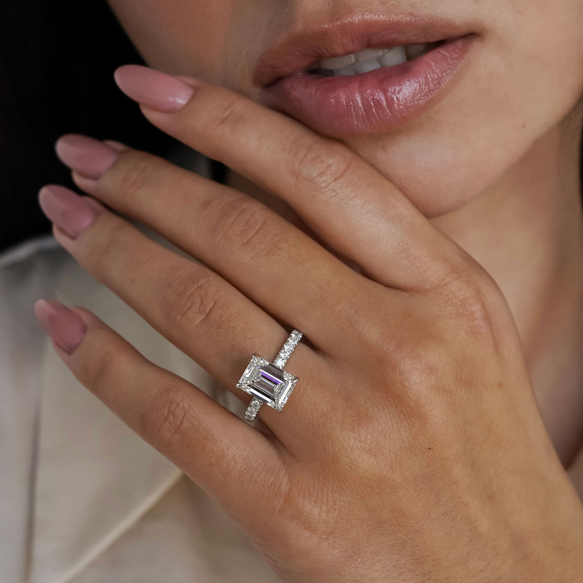 Riley Emerald Hidden Halo Engagement Ring, Moissanite/Lab Grown Diamond
