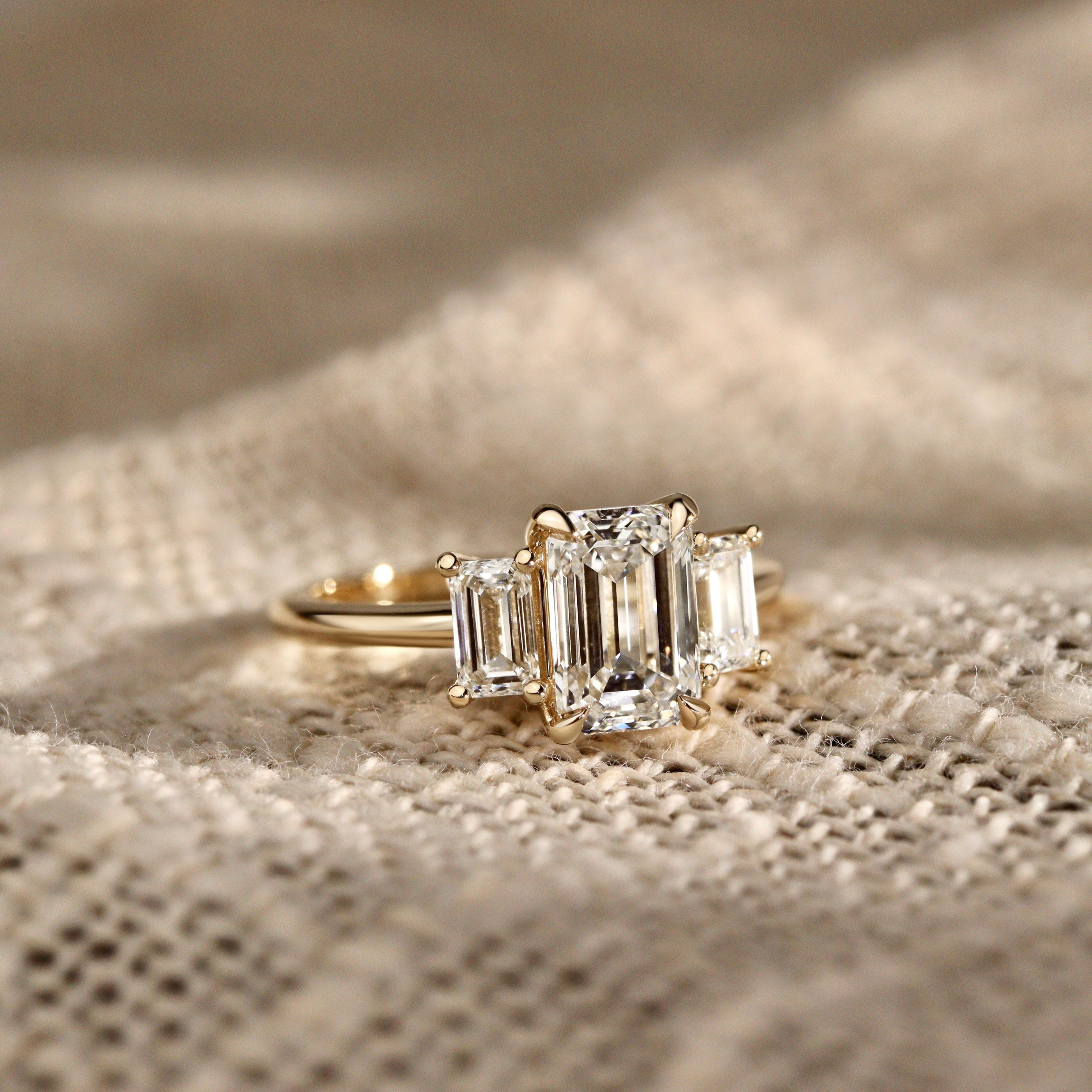 Evelyn Emerald Cut Three Stone Engagement Ring, Low Set