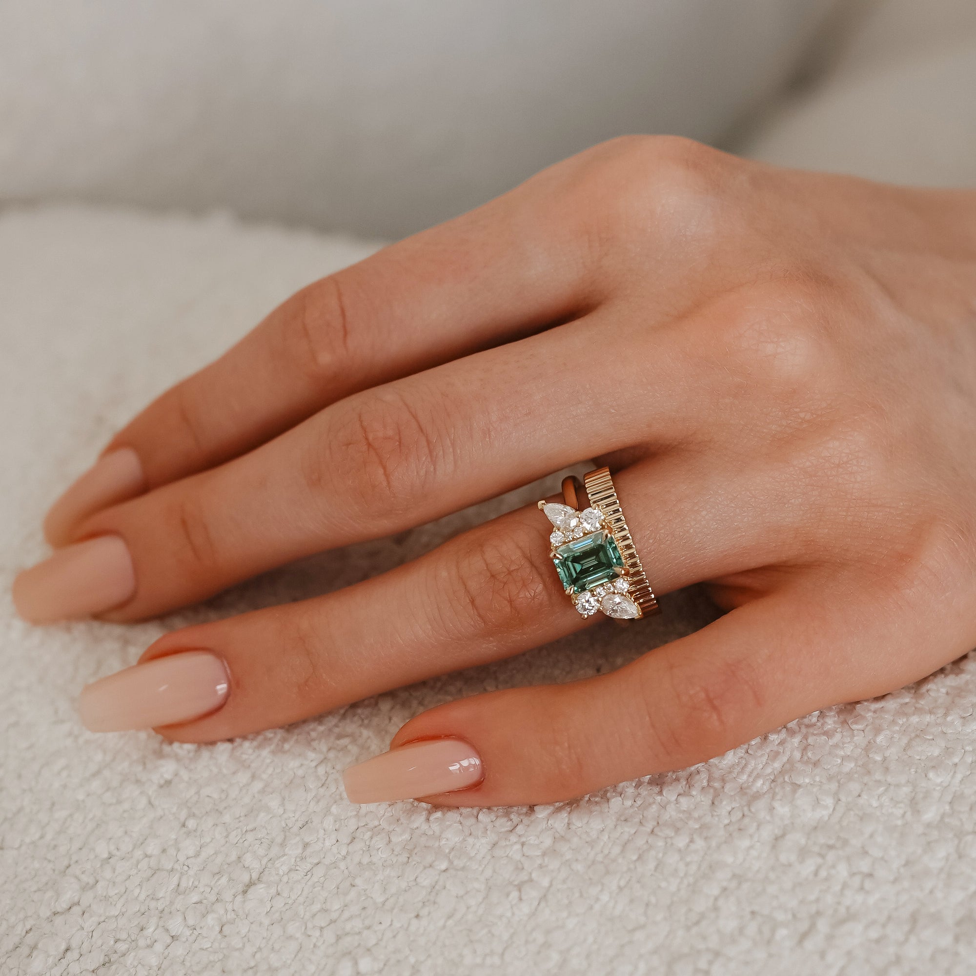 Meghan Emerald Cut Asymmetric Cluster Engagement Ring