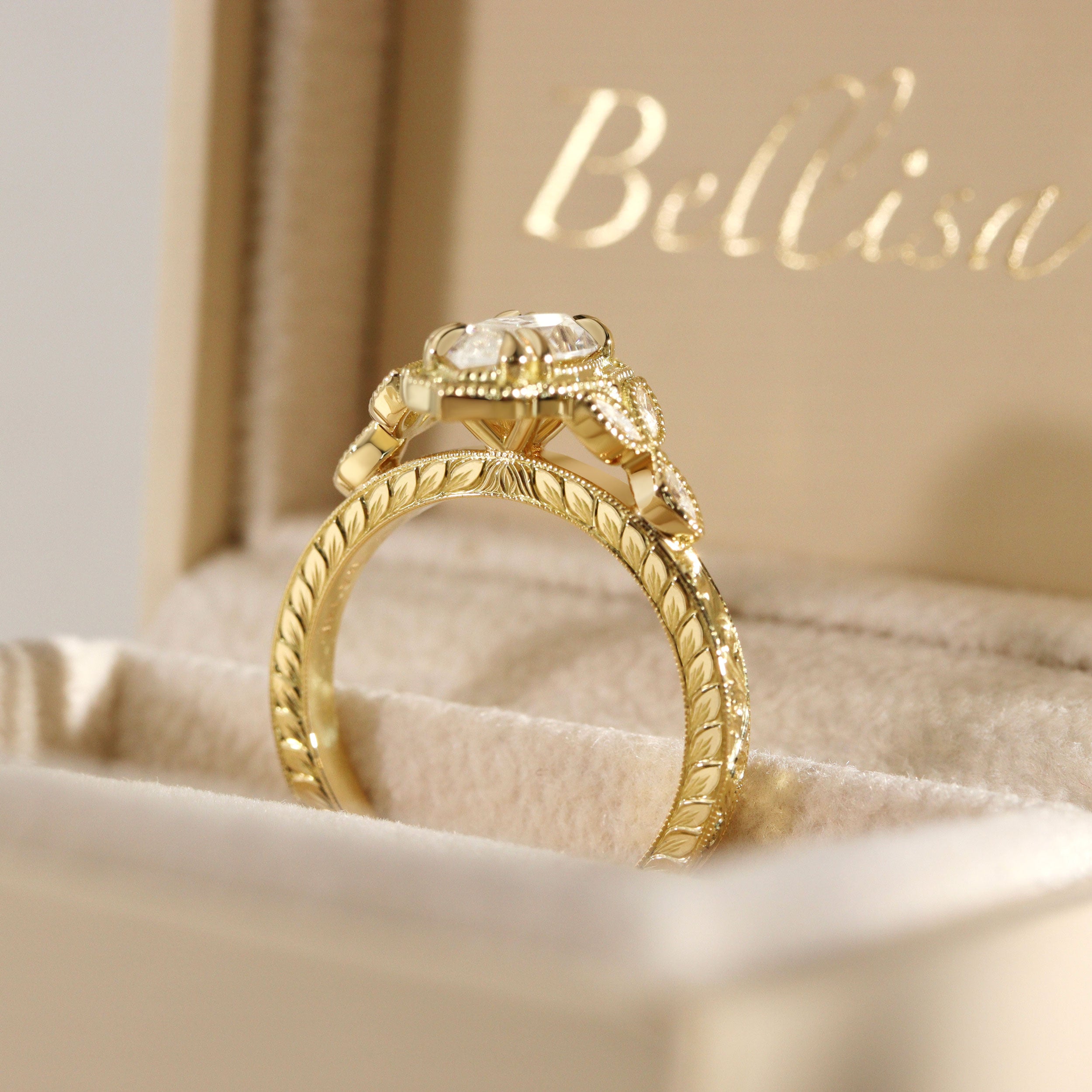 Bespoke #9168 - Custom Vintage Milgrain Marquise Engagement Ring, 3 Side Hand Engraving