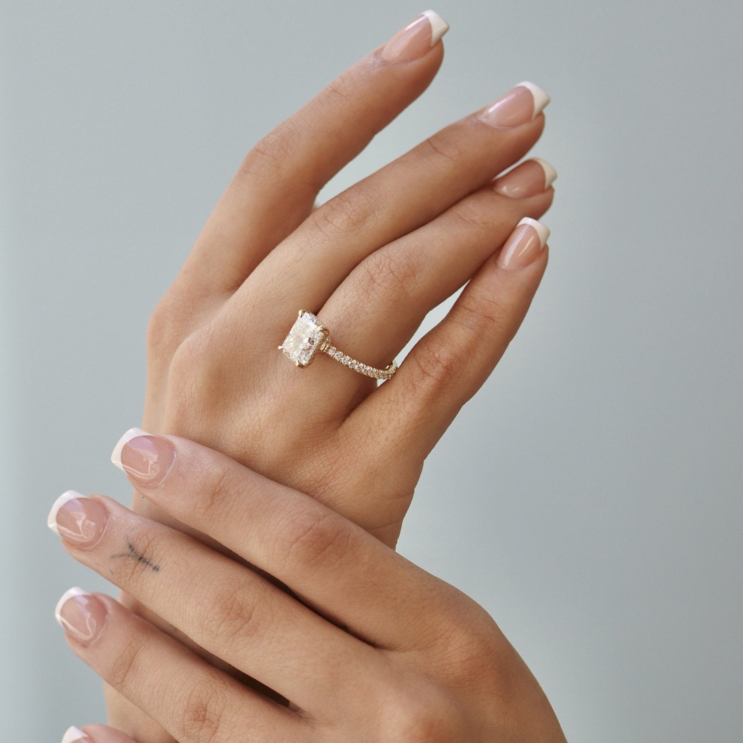 Lily Radiant Double Hidden Halo Engagement Ring, Moissanite/Lab Grown Diamond