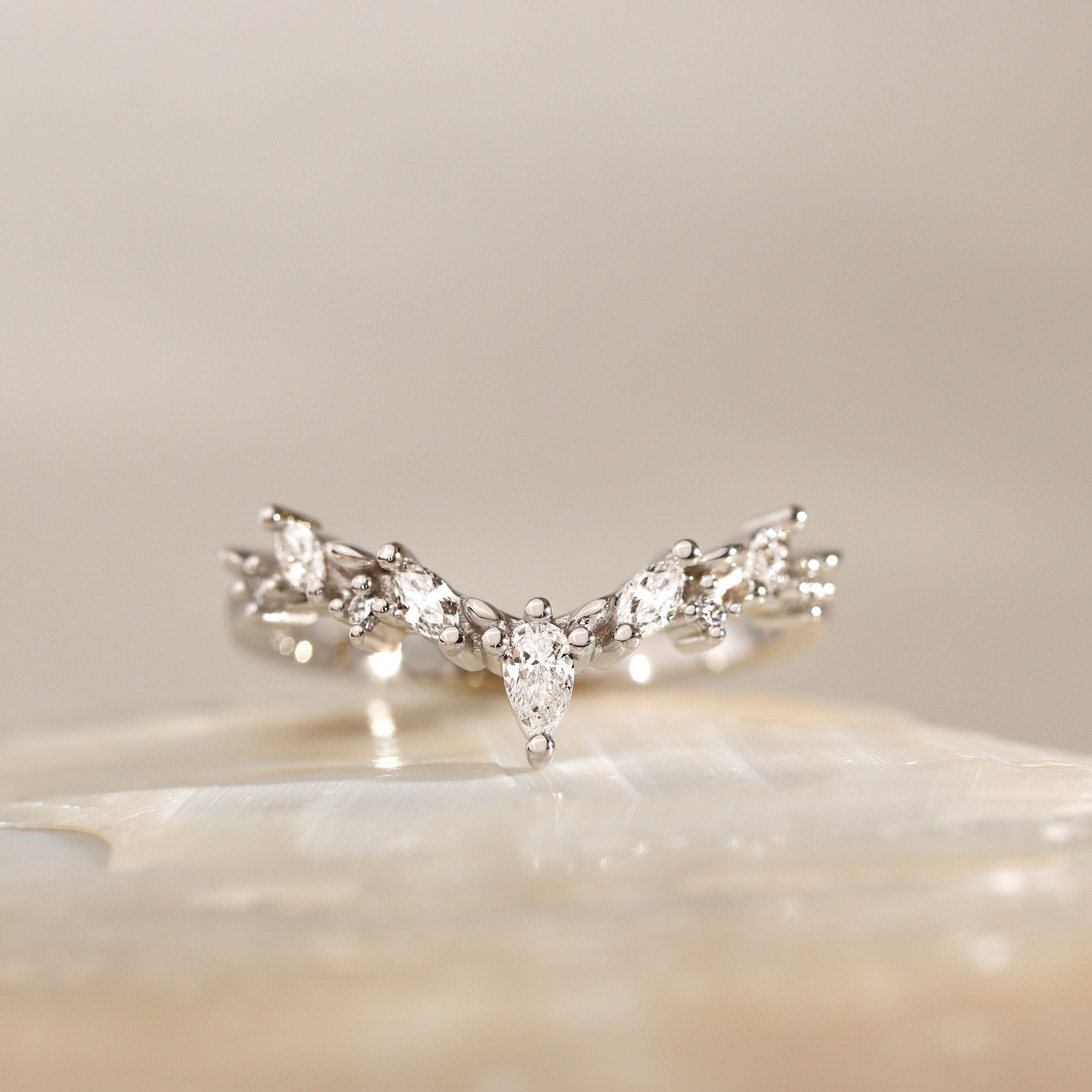 Curved Leaf Art Deco V Half Eternity Ring, Pear With Round