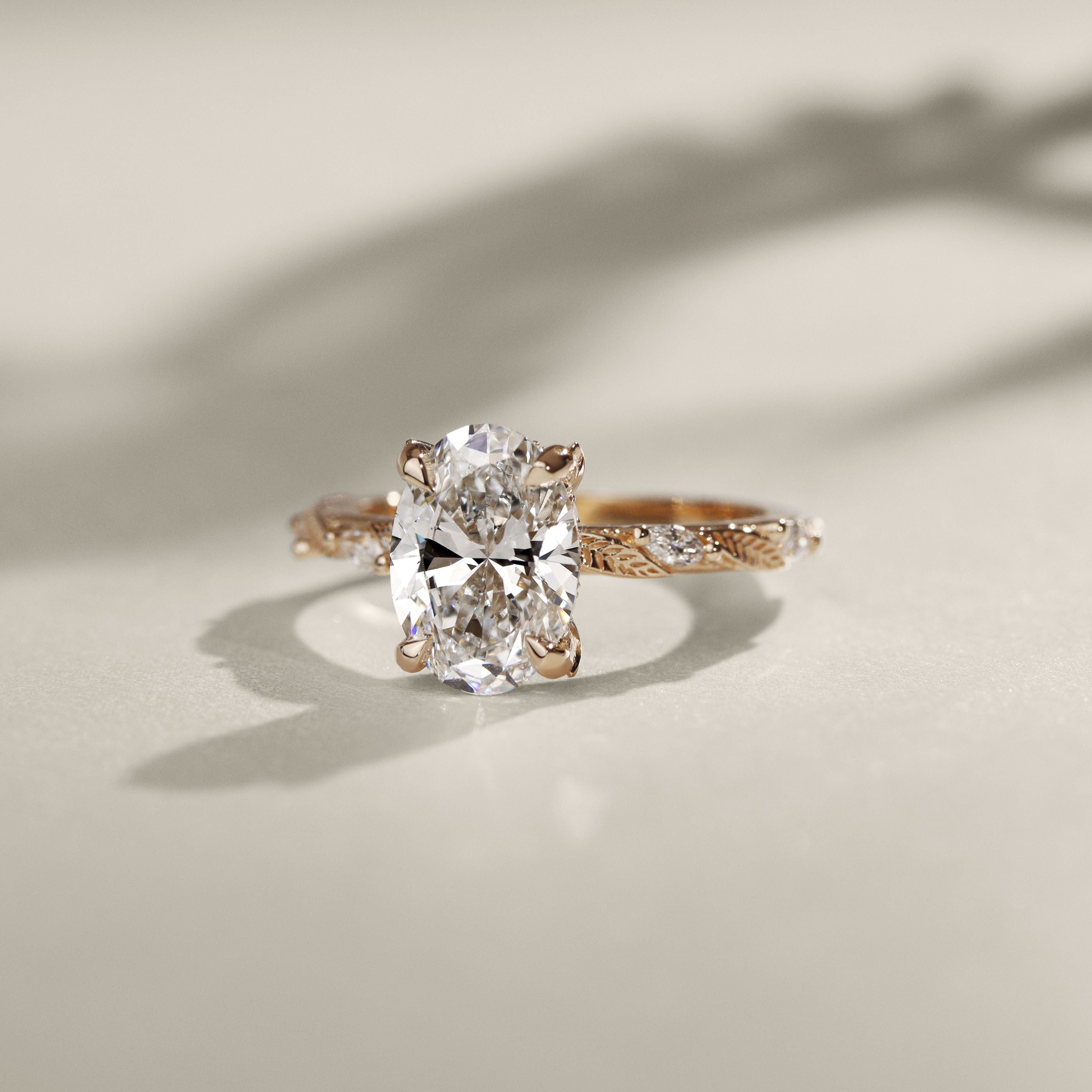 Brooke Oval Cut Leaf Hidden Halo Engagement Ring, Moissanite/Lab Grown Diamond