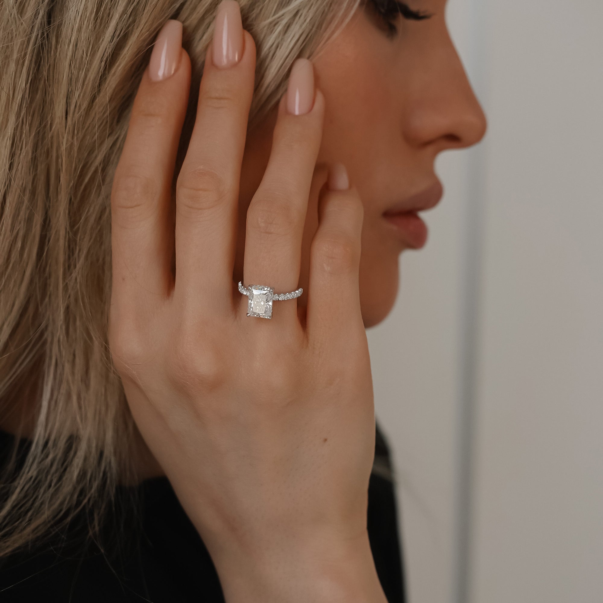 Lily Radiant Double Hidden Halo Engagement Ring, Moissanite/Lab Grown Diamond