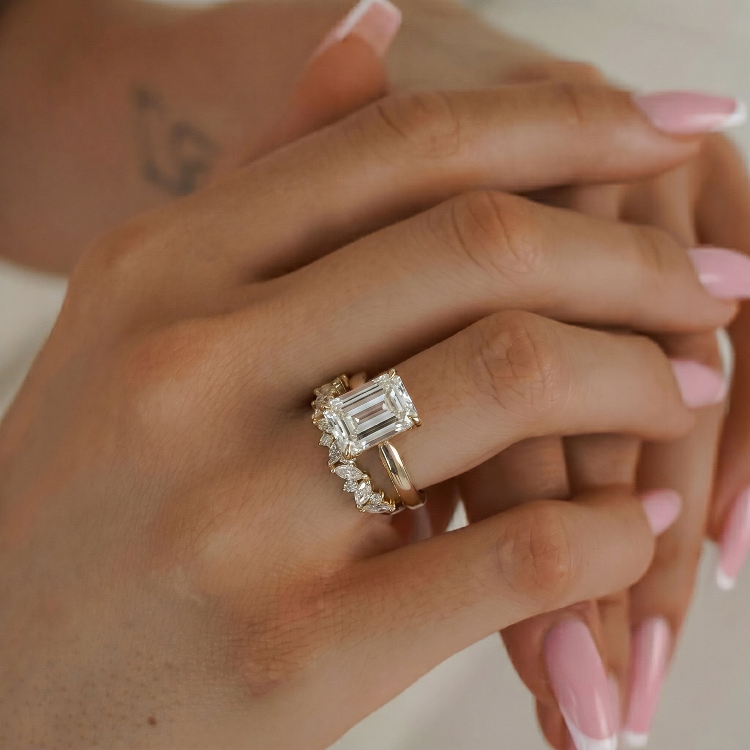 Lyra Emerald Cut Solitaire Cathedral Engagement Ring, Moissanite/Lab Grown Diamond