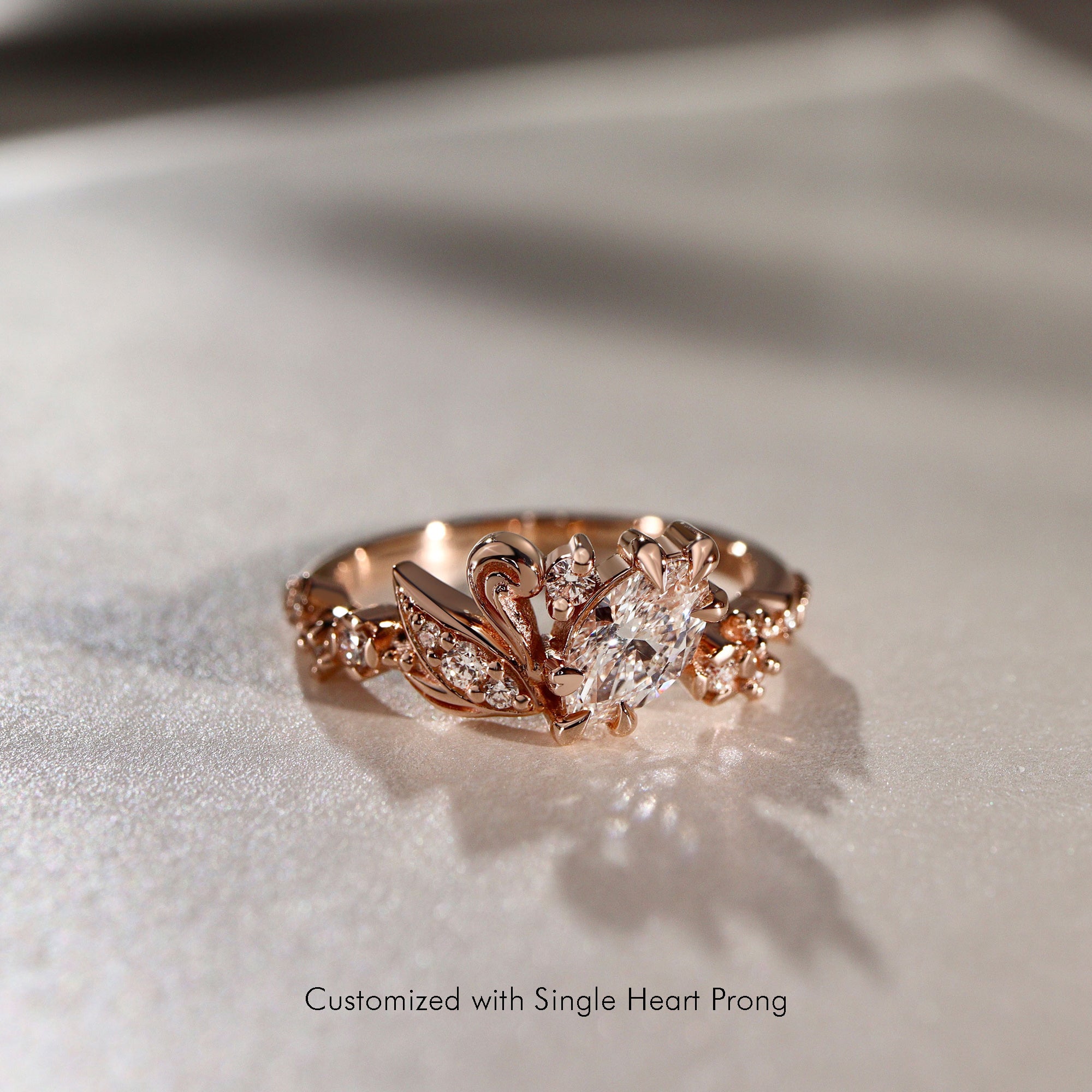 Marquise Love Swan Nature Inspired Engagement Ring, Marquise Cut With Single Swan