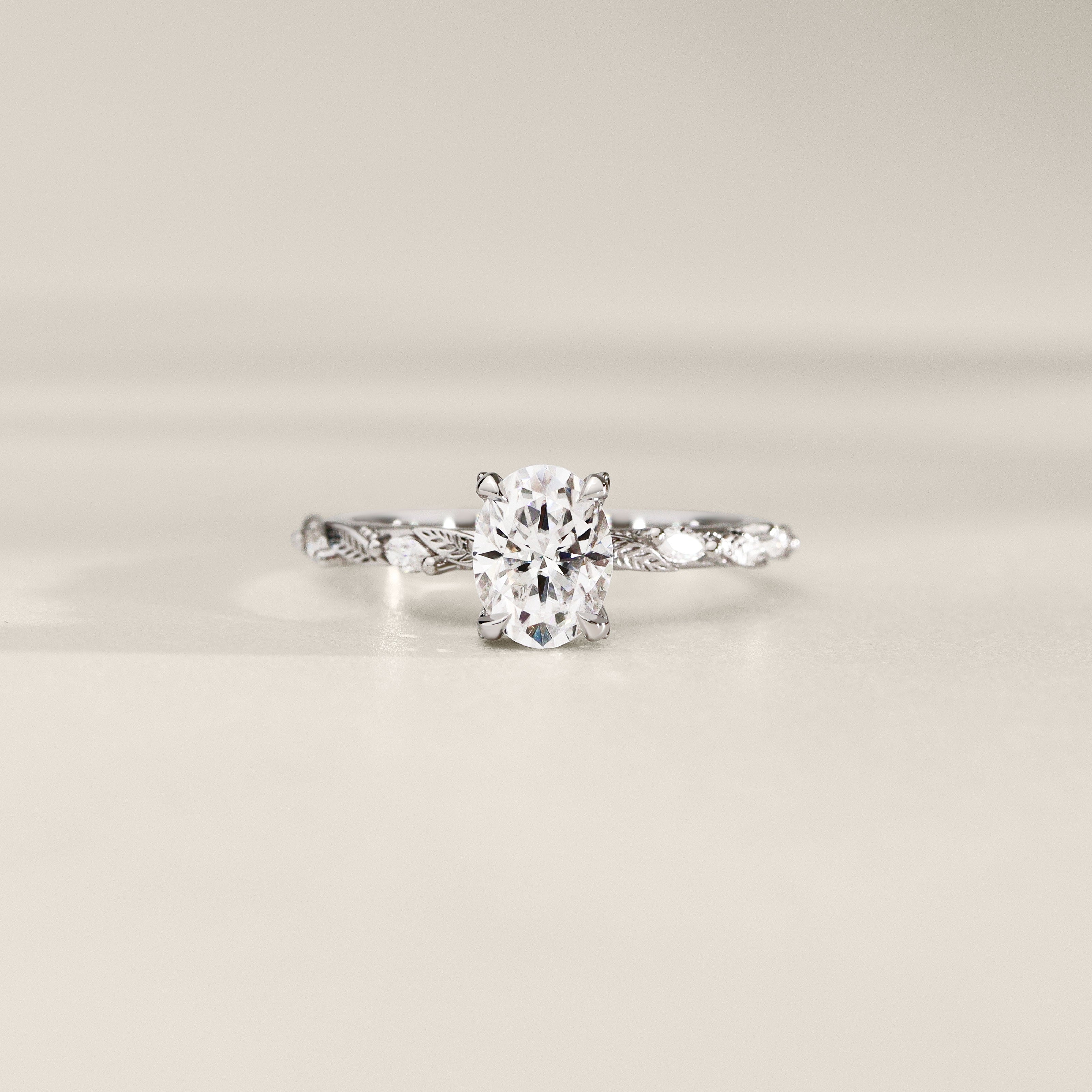 Brooke Oval Cut Leaf Hidden Halo Engagement Ring, Moissanite/Lab Grown Diamond