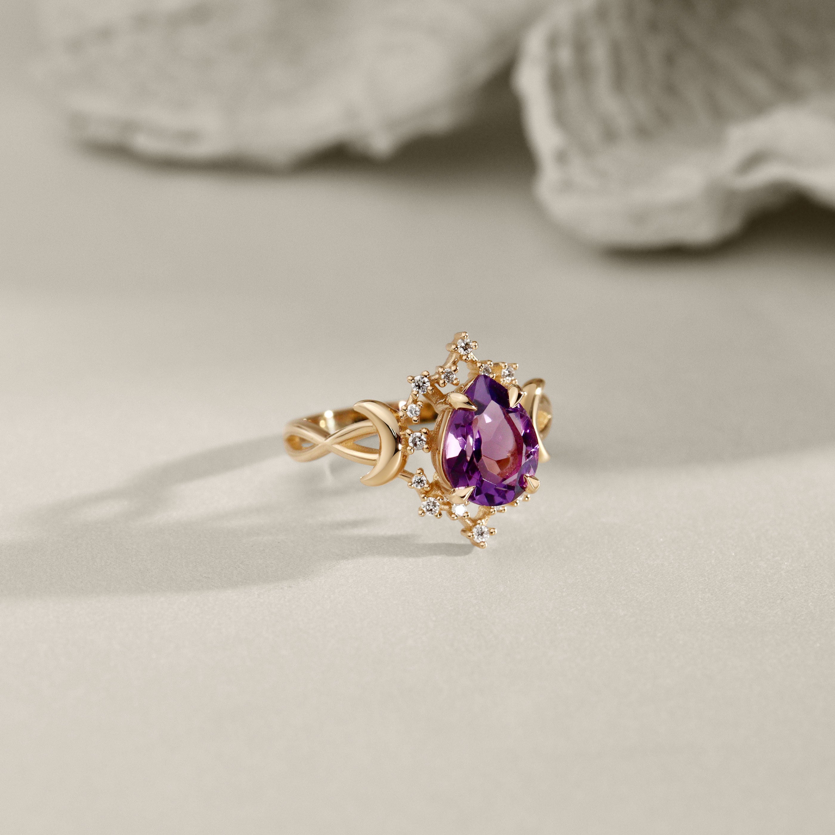 Alice Star & Moon Magic Engagement Ring, Pear Cut Amethyst