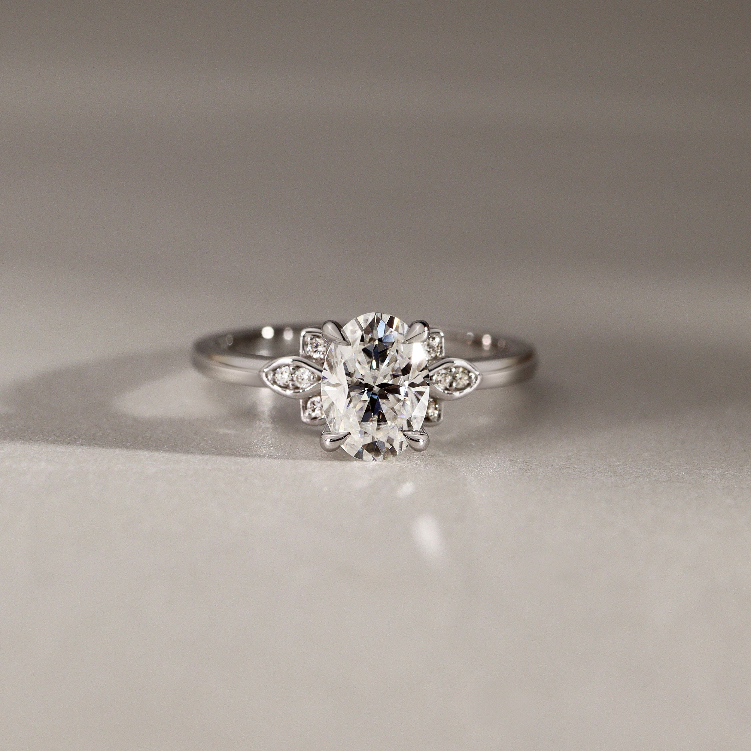 Sleeping Muse Leaf Accent Engagement Ring, Moissanite/Lab Diamond