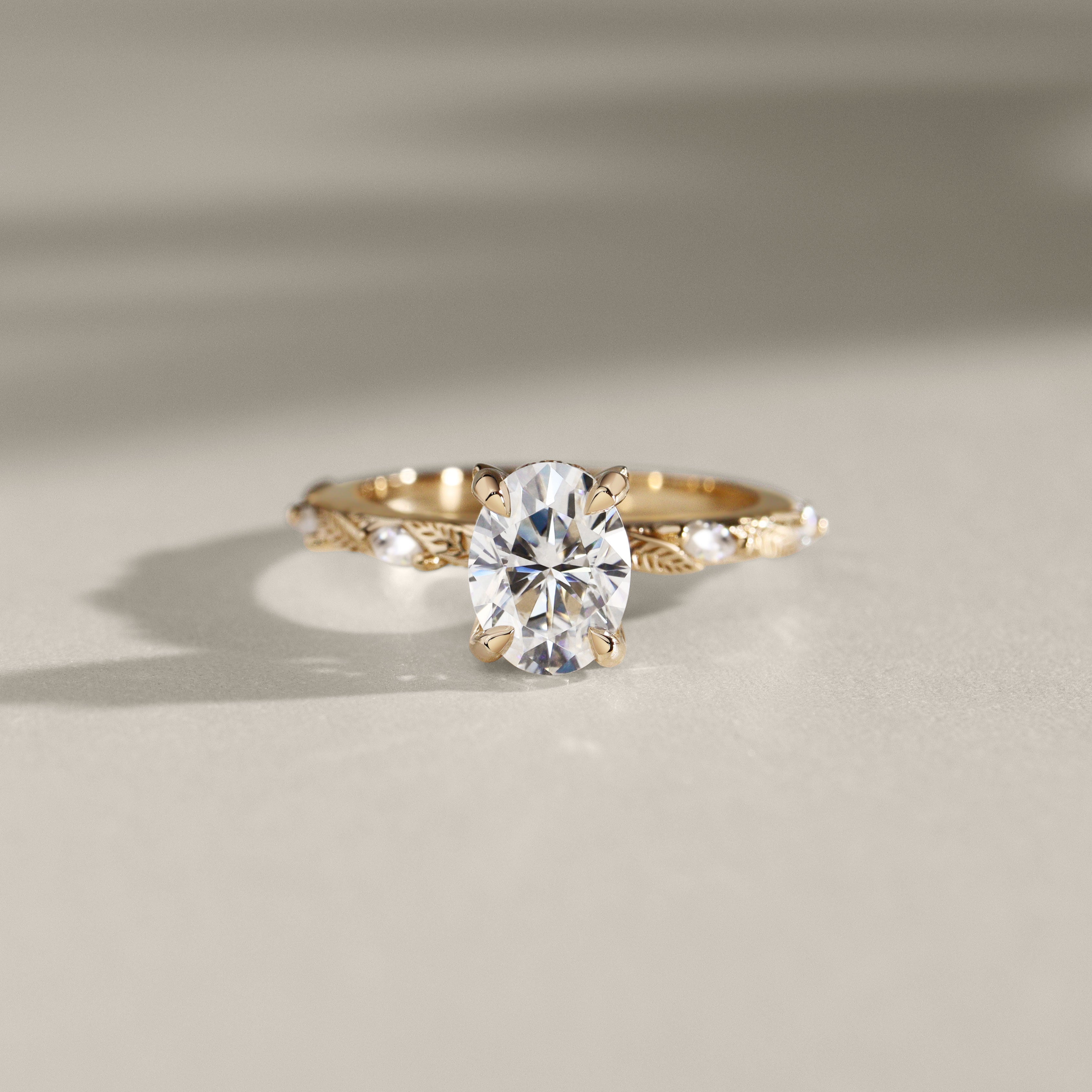 Brooke Oval Cut Leaf Hidden Halo Engagement Ring, Moissanite/Lab Grown Diamond