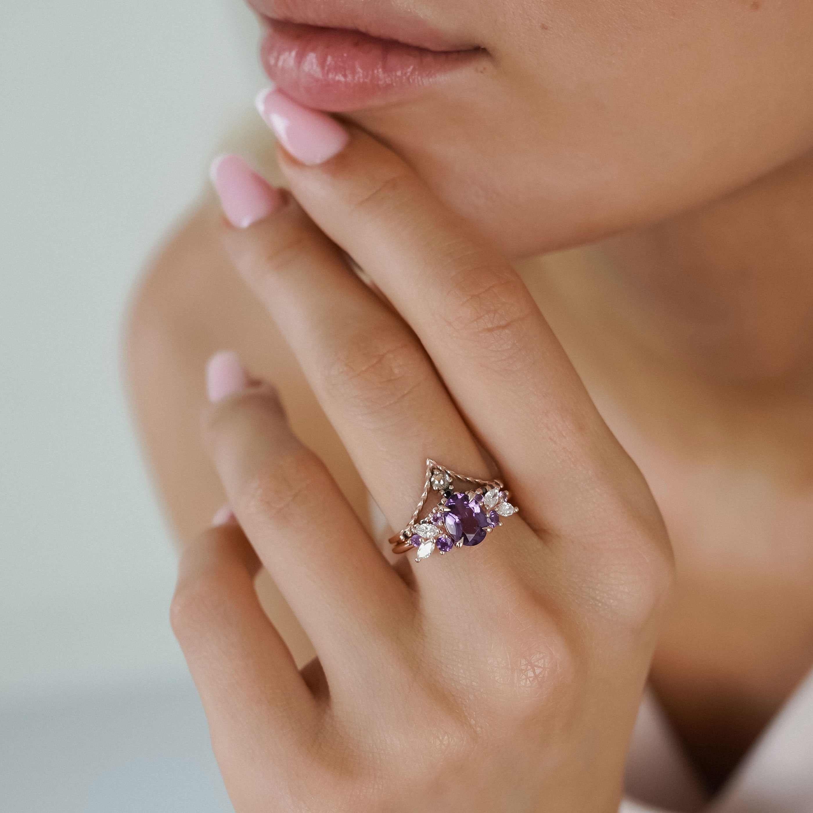 Oval Amethyst Anna's Dream Cluster Engagement Ring, Oval Brilliant With Marquise
