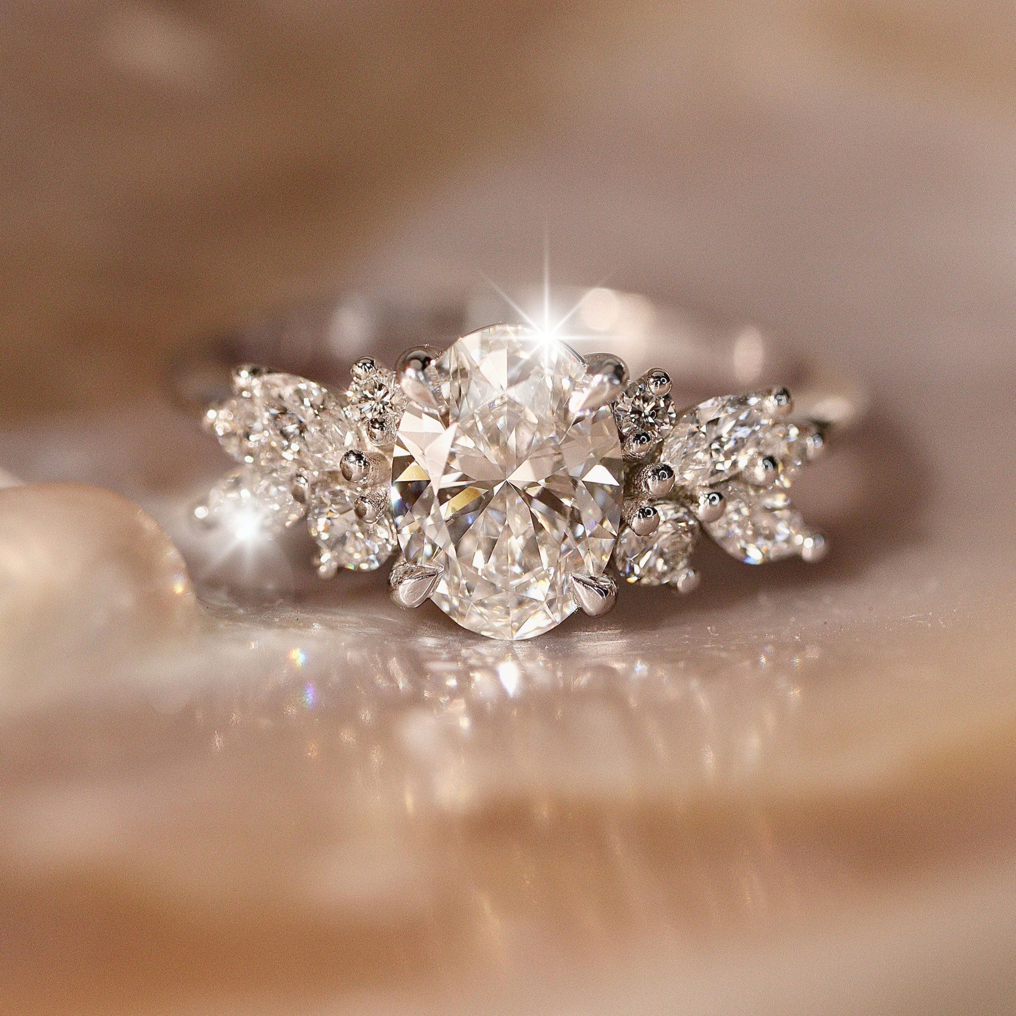Anna's Dream Oval Brilliant Cut Cluster Engagement Ring, With Marquise Accent