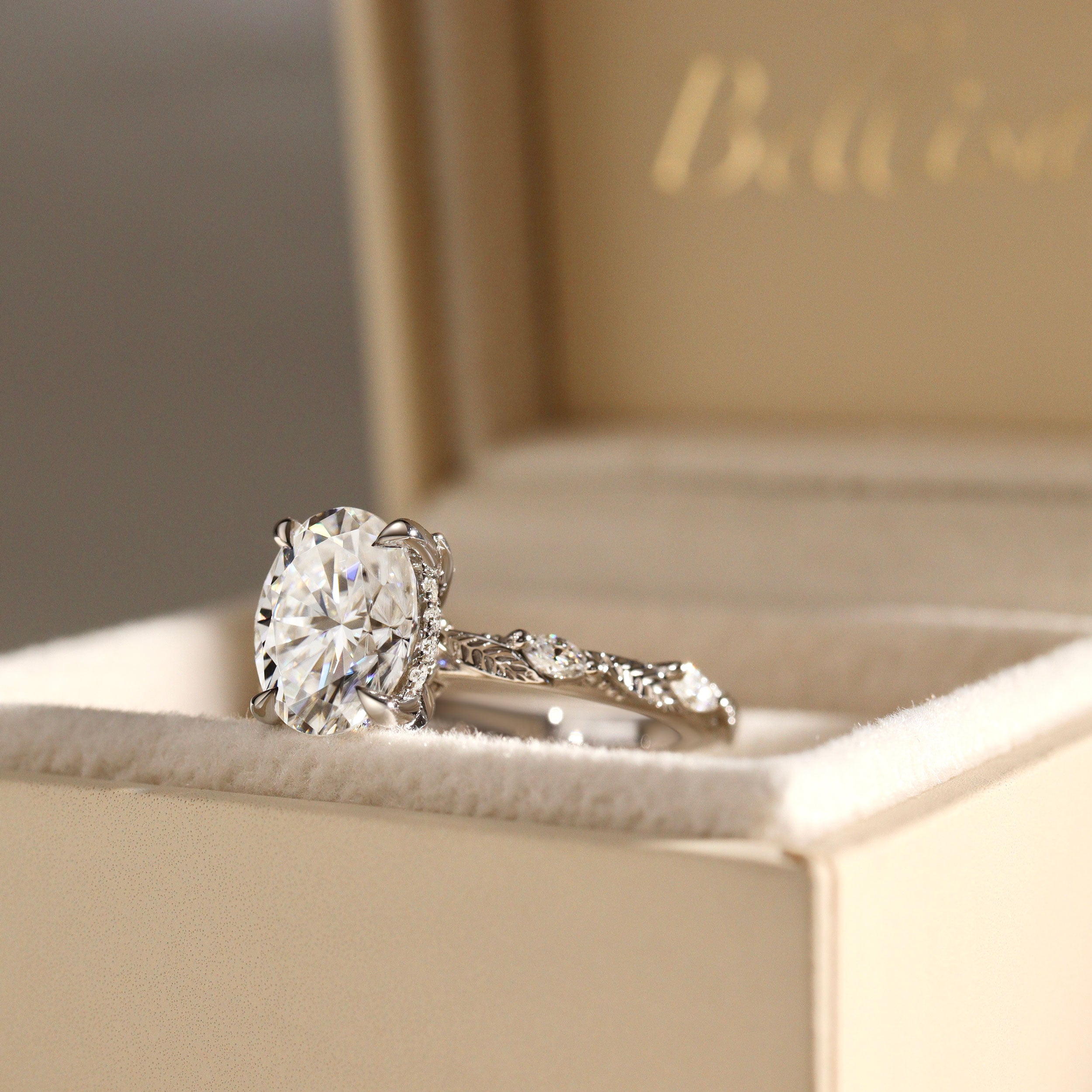 Brooke Oval Cut Nature Inspired Leaf Hidden Halo Engagement Ring, Marquise Leaf Band