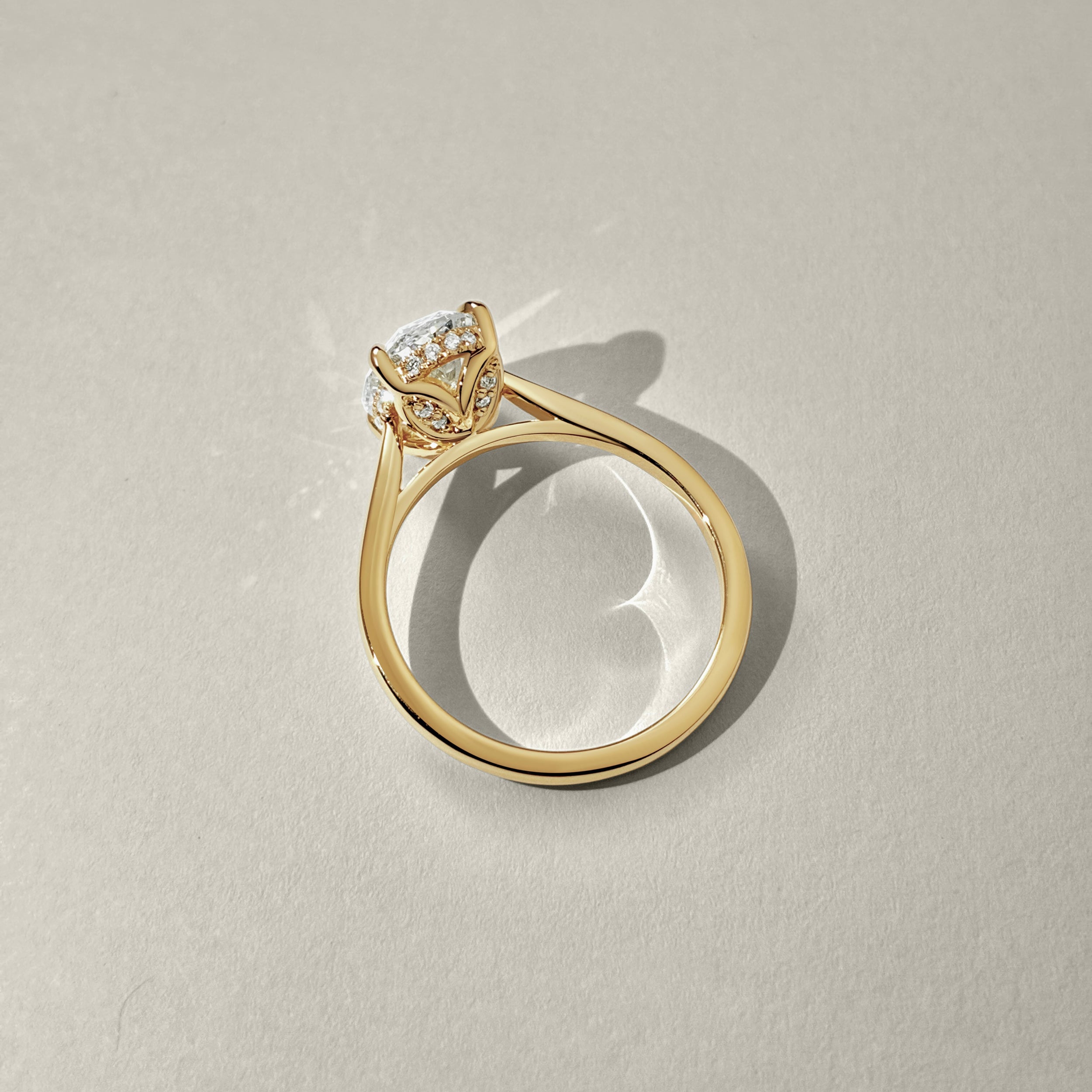 Rosalie Oval Hidden Halo Cathedral Engagement Ring, with Petal Basket