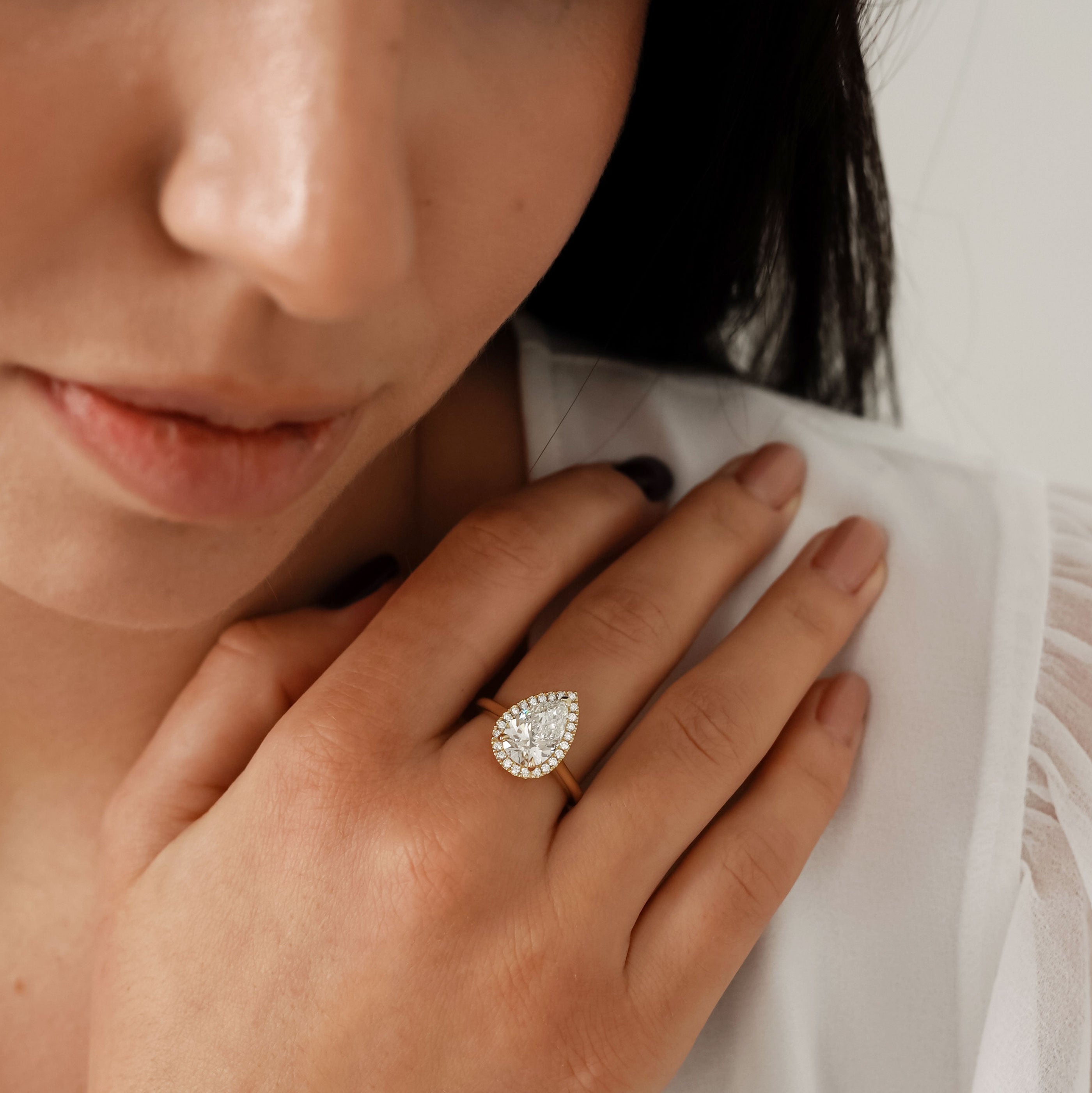 Sophia Pear Halo Cathedral Engagement Ring, Moissanite/Lab Grown Diamond