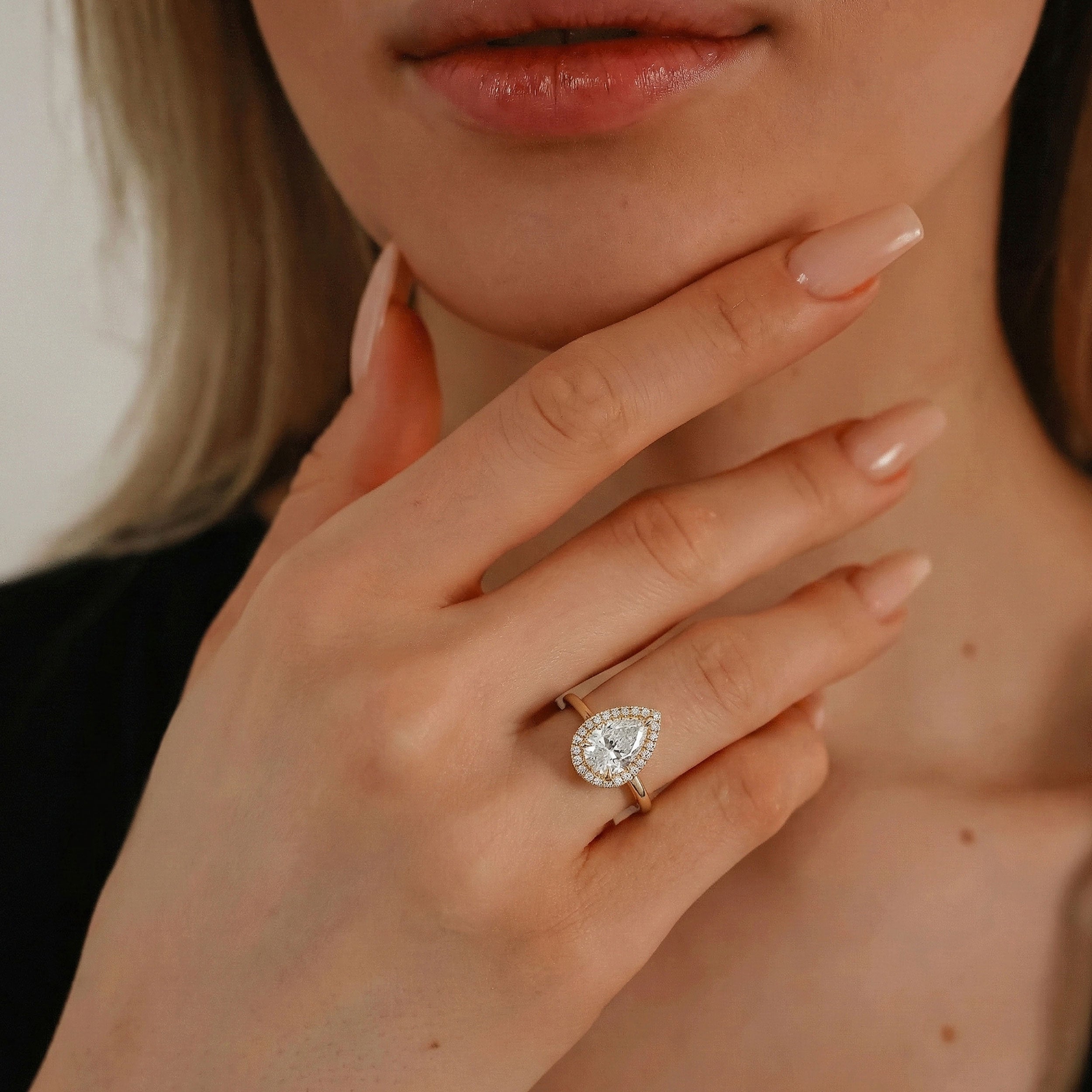 Paula Pear Forever Halo Engagement Ring, Moissanite/Lab Grown Diamond