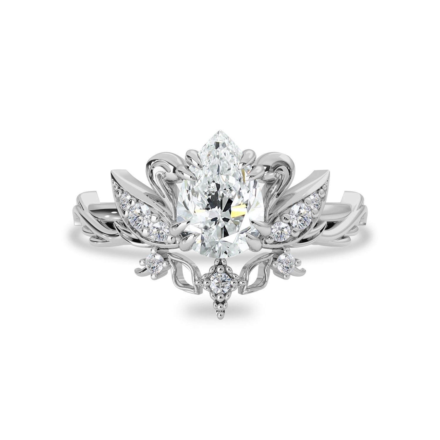 Pear Love Swan Nature Inspired Engagement Ring, Pear Cut With Celestial Star