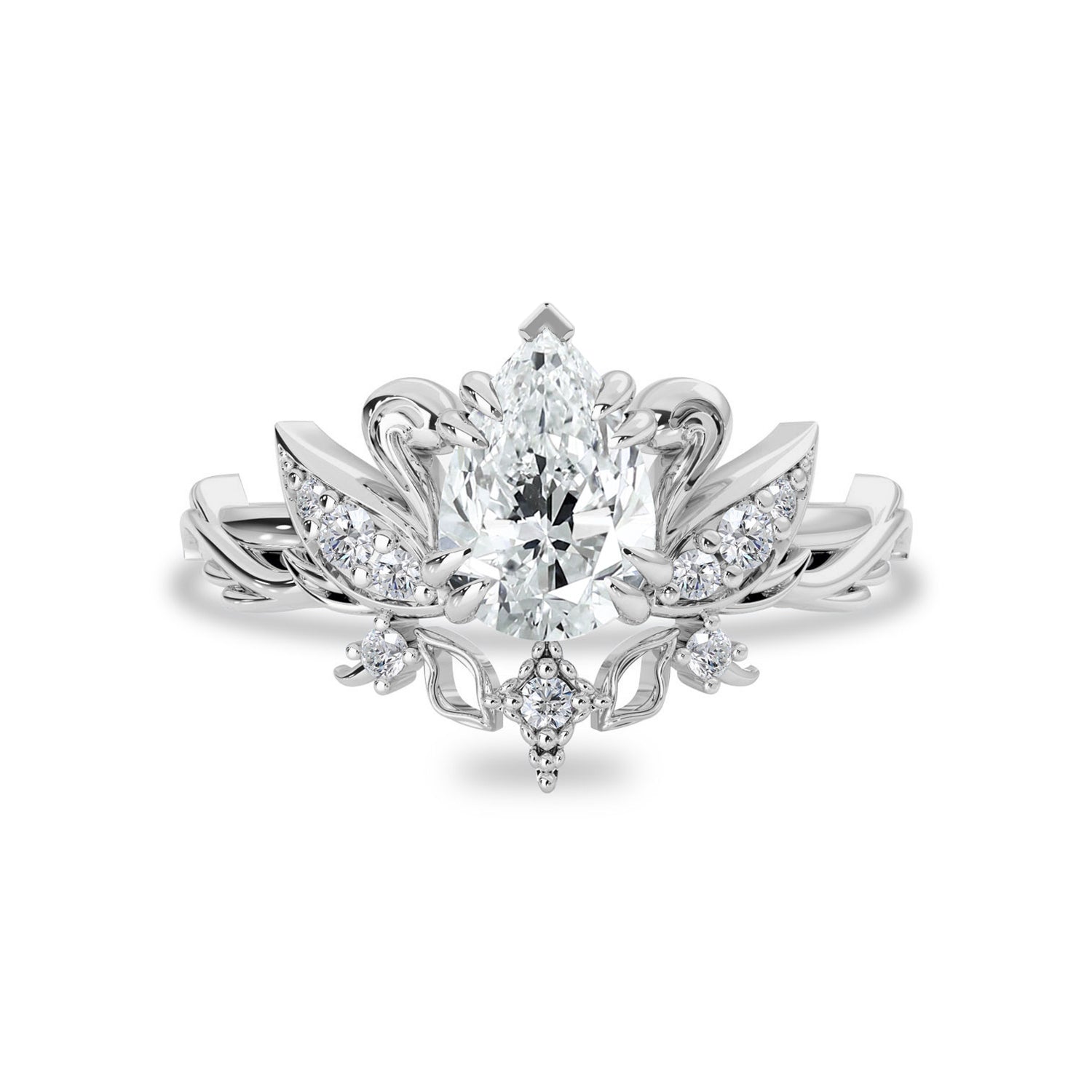 Pear Love Swan Nature Inspired Engagement Ring, Pear Cut With Celestial Star