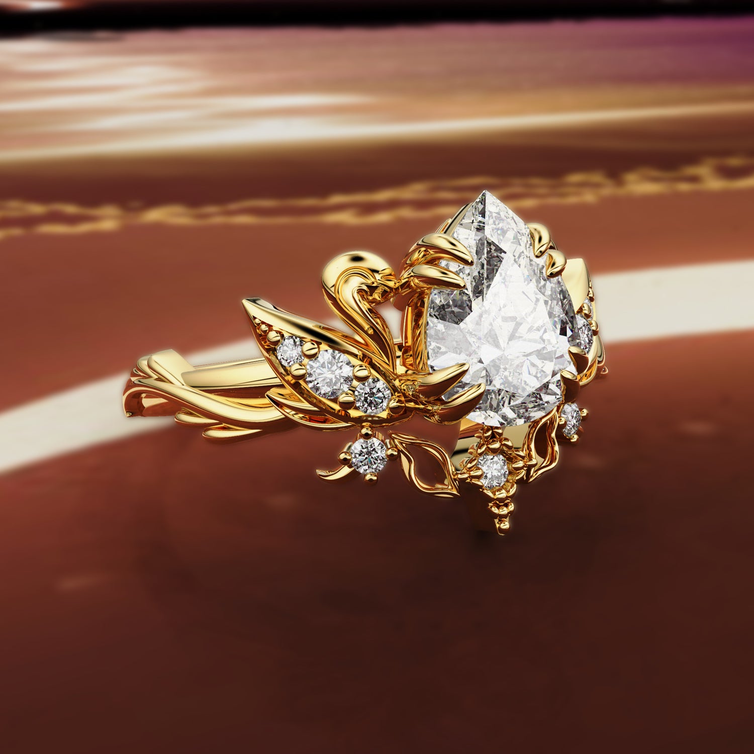 Pear Love Swan Nature Inspired Engagement Ring, Pear Cut With Celestial Star